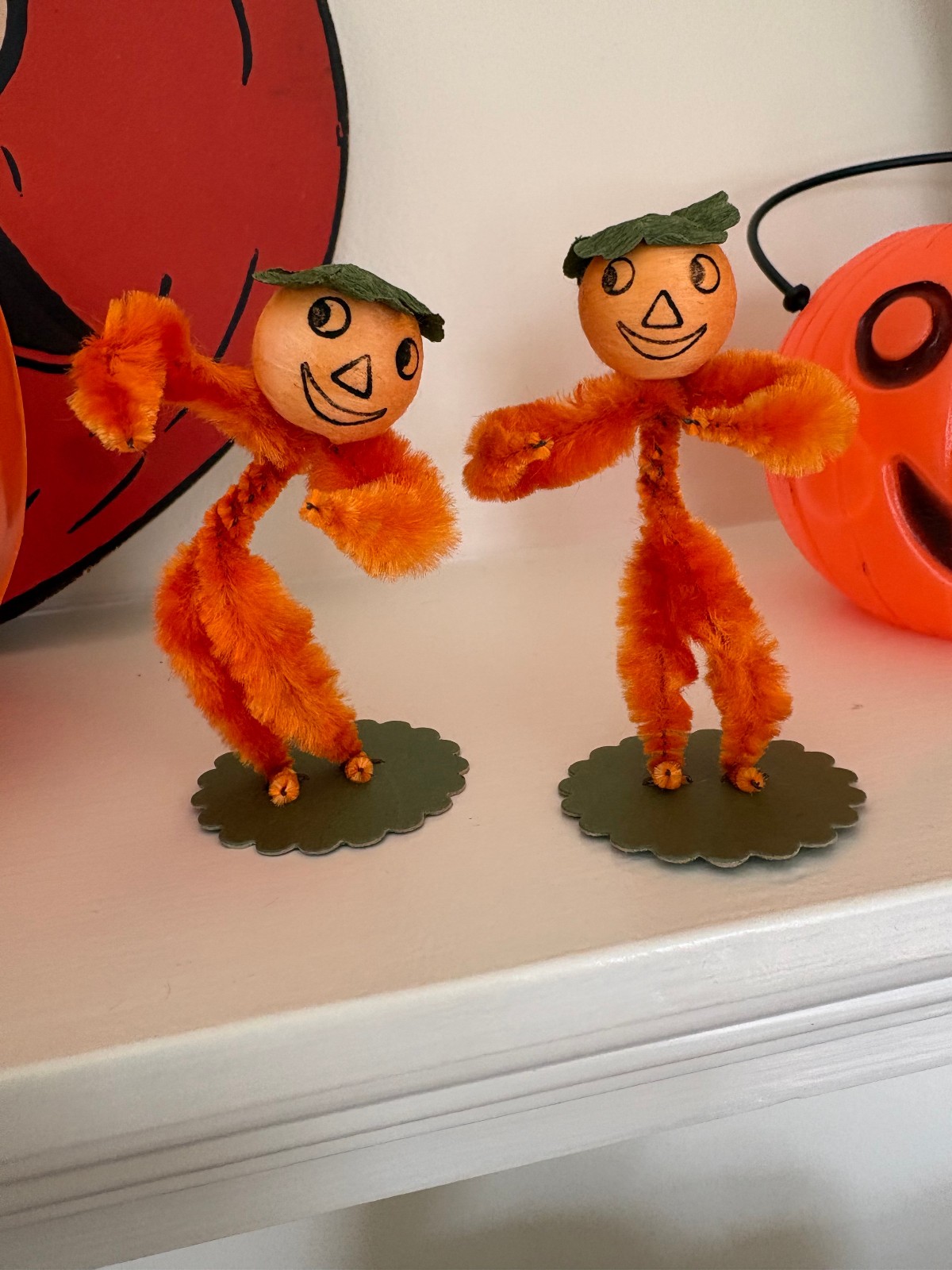 TWO Vintage 1950s Halloween Chenille Party Favors Jack O' Lantern Figures -Japan TWO Vintage 1950s Halloween Chenille Party Favors Jack O' Lantern Figures -Japan