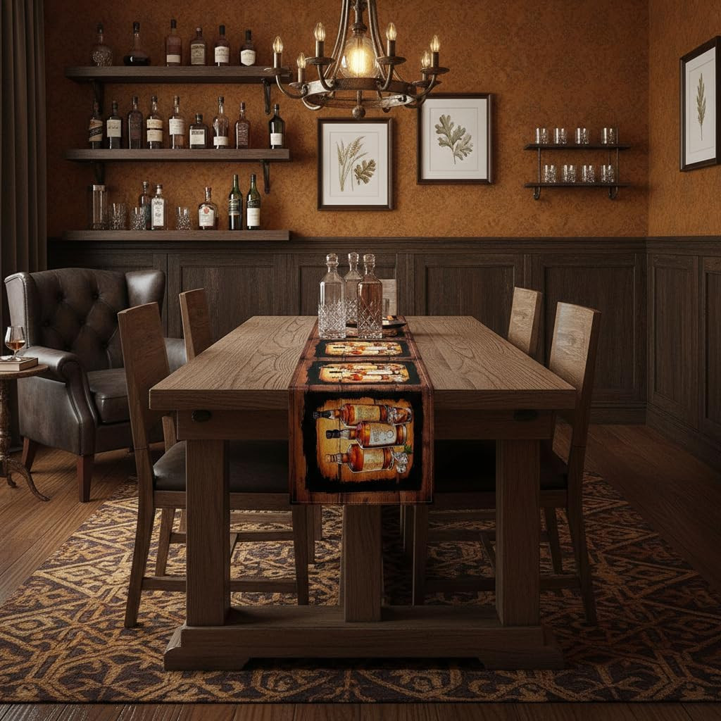 Whiskeytable Runner,Bar Beer Glass Tabletop Collection 13X60 Inch Vintage Brown