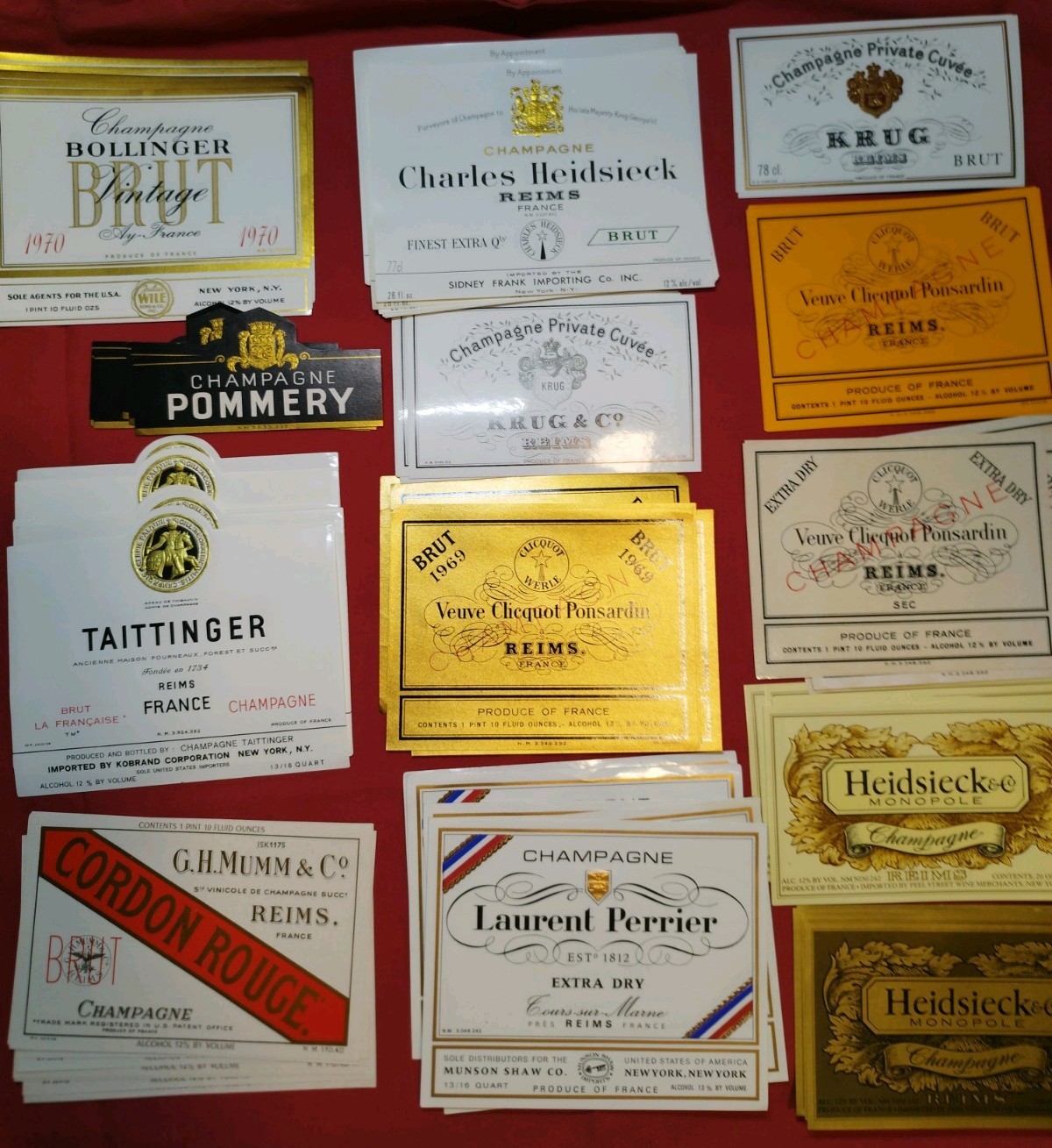 Vtg Champagne Labels NOS Lot 13 Krug Bollinger Taittinger Veuve Clicquot Pommery