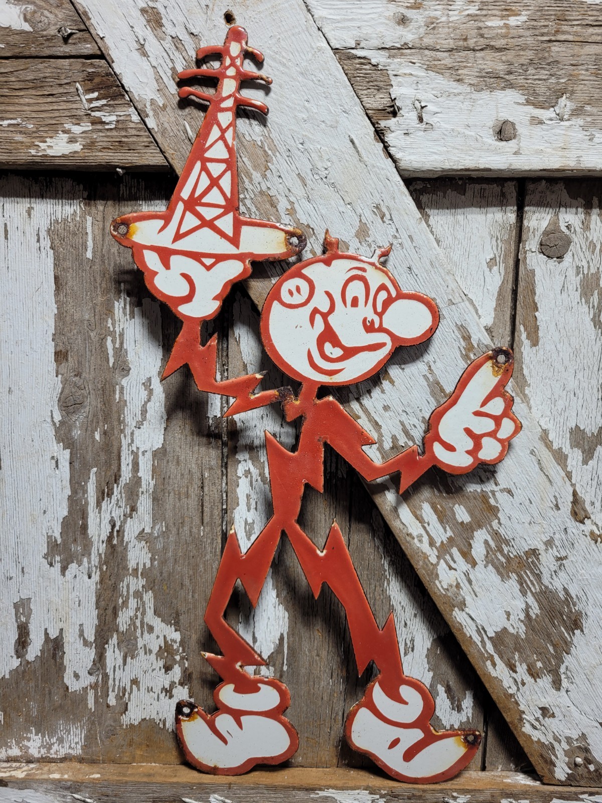 VINTAGE REDDY KILOWATT PORCELAIN SIGN OLD ELECTRIC POWER COMPANY DIECUT 24