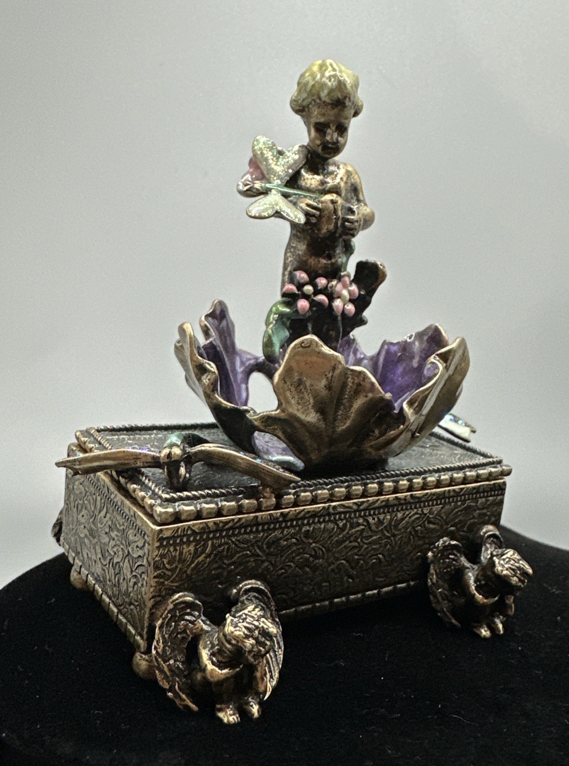 Kirks Folly Cherub Dragonfly Bronze-Tone Purple Enameled Rhinestone Trinket Box
