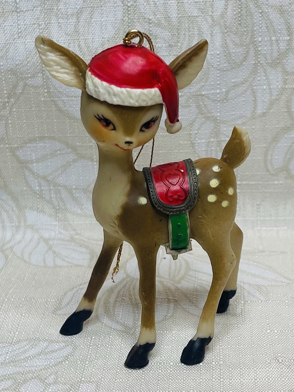 Vintage Mid Century Plastic Reindeer Deer Christmas Ornament Santa Hat Saddle