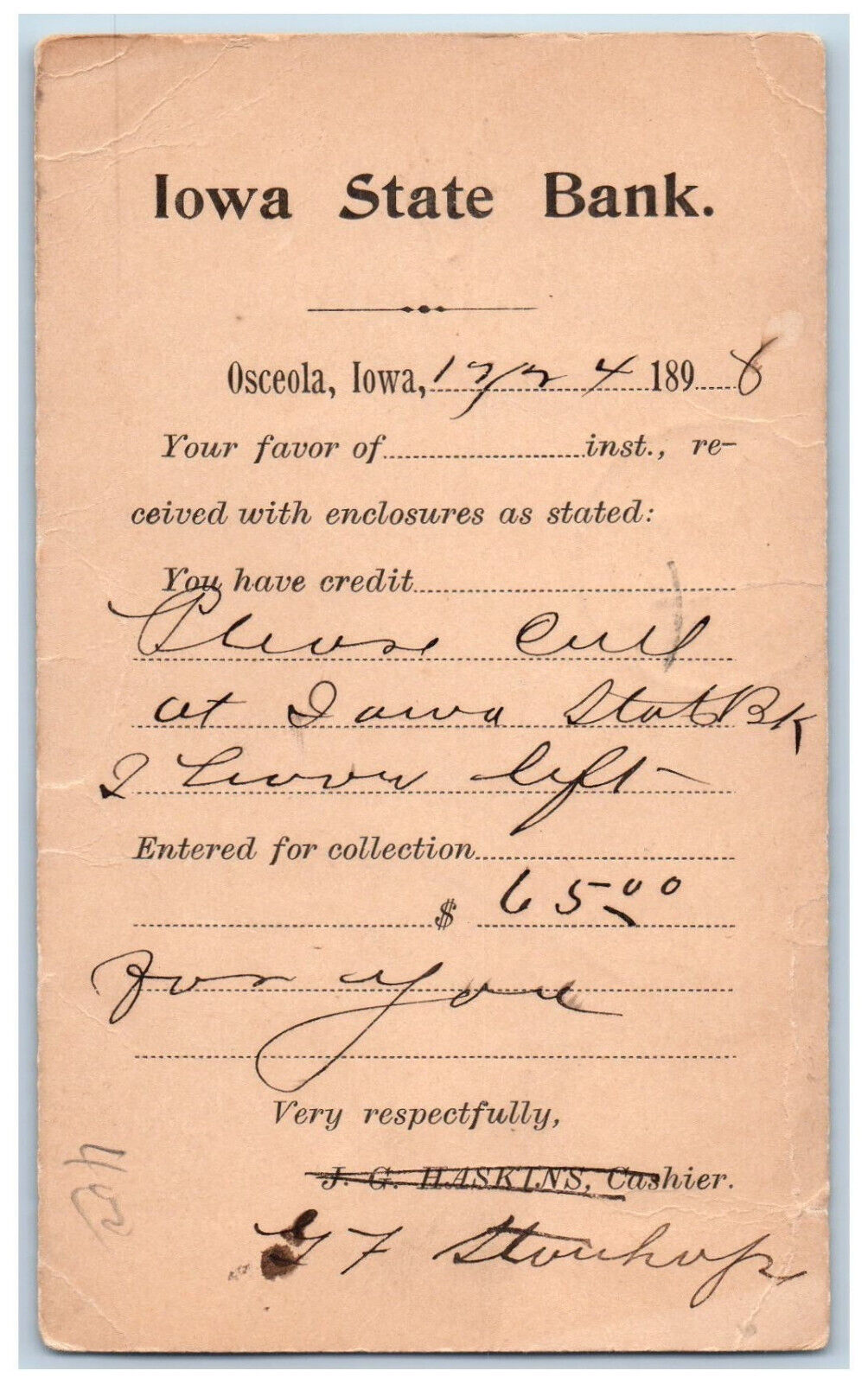 Osceola Iowa IA Postal Card Iowa State Bank 1898 Antique Posted USA