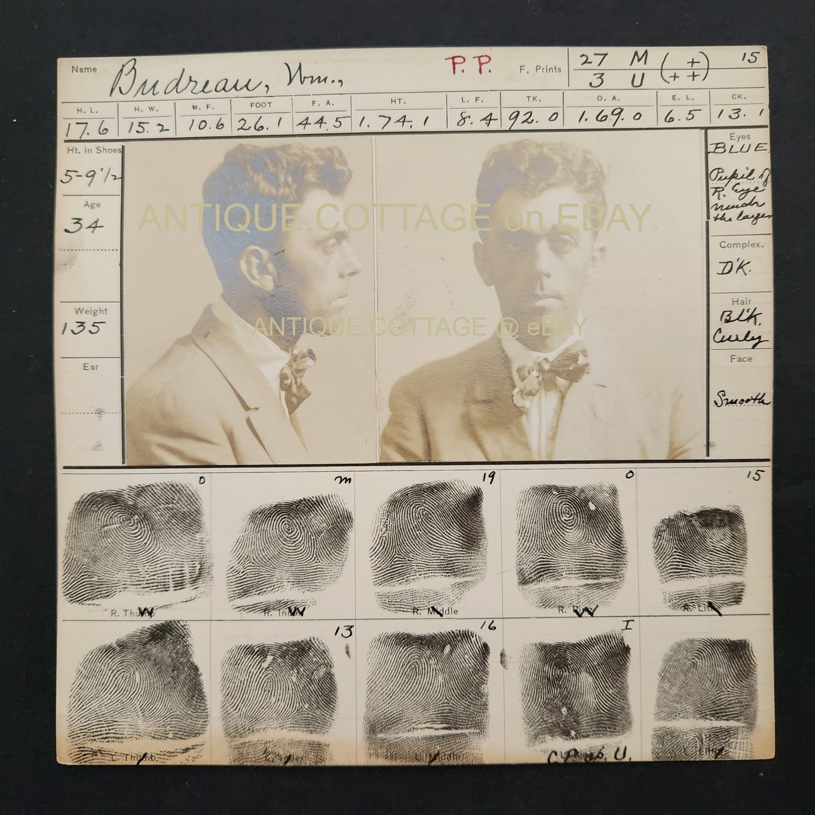 1915 antique POLICE ARREST FINGERPRINT CARD dover nh WM. BUDREAU larceny