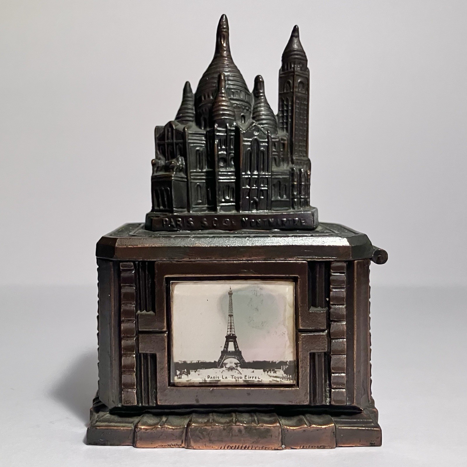 Antique Lead COIN BANK / Sacre-Coeur Church & EIFFEL TOWER / Hinged Lid / RARE