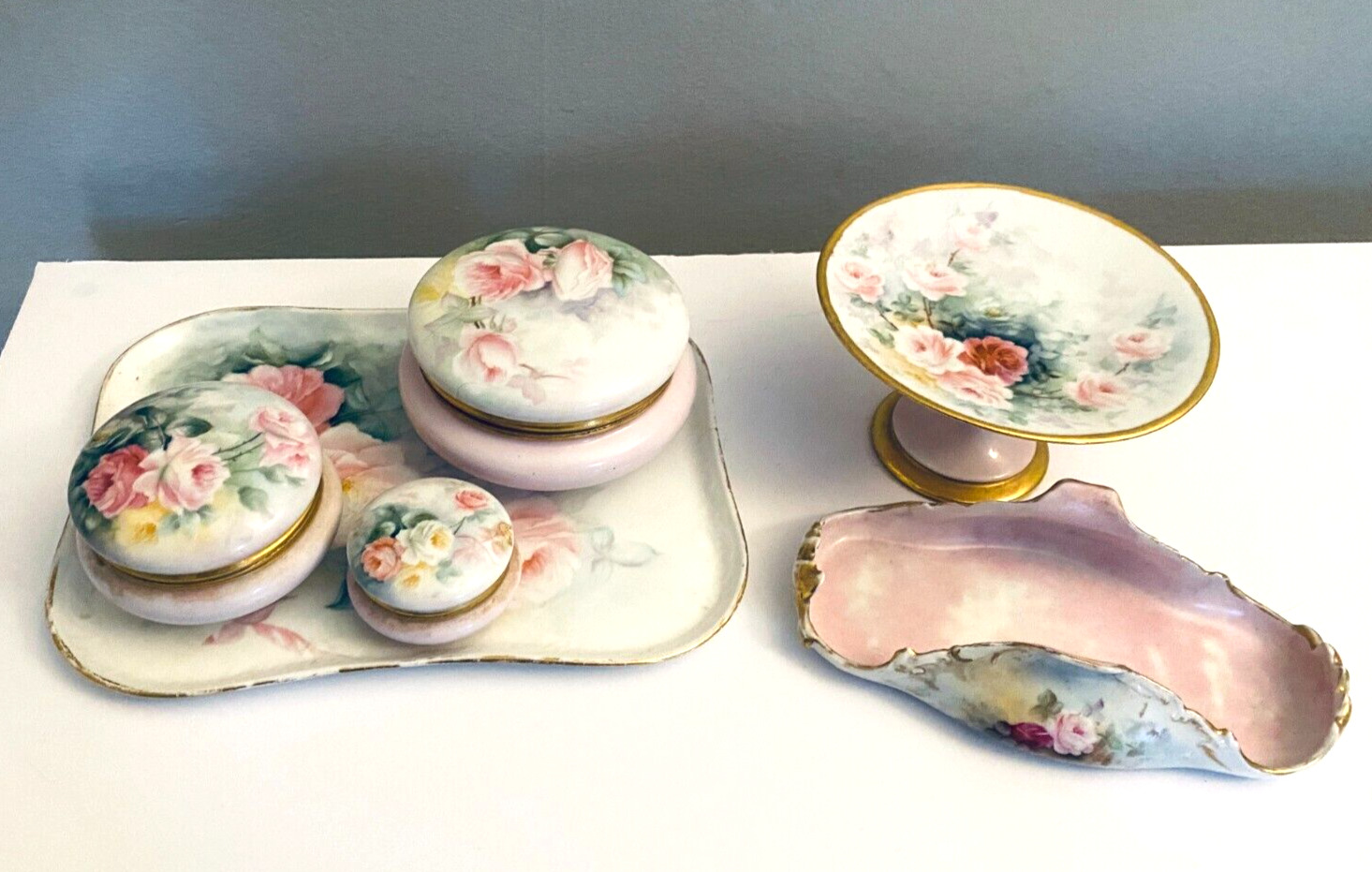 Antique 6 Piece T&V Limoges France Pink Roses Porcelain Dresser Vanity Set