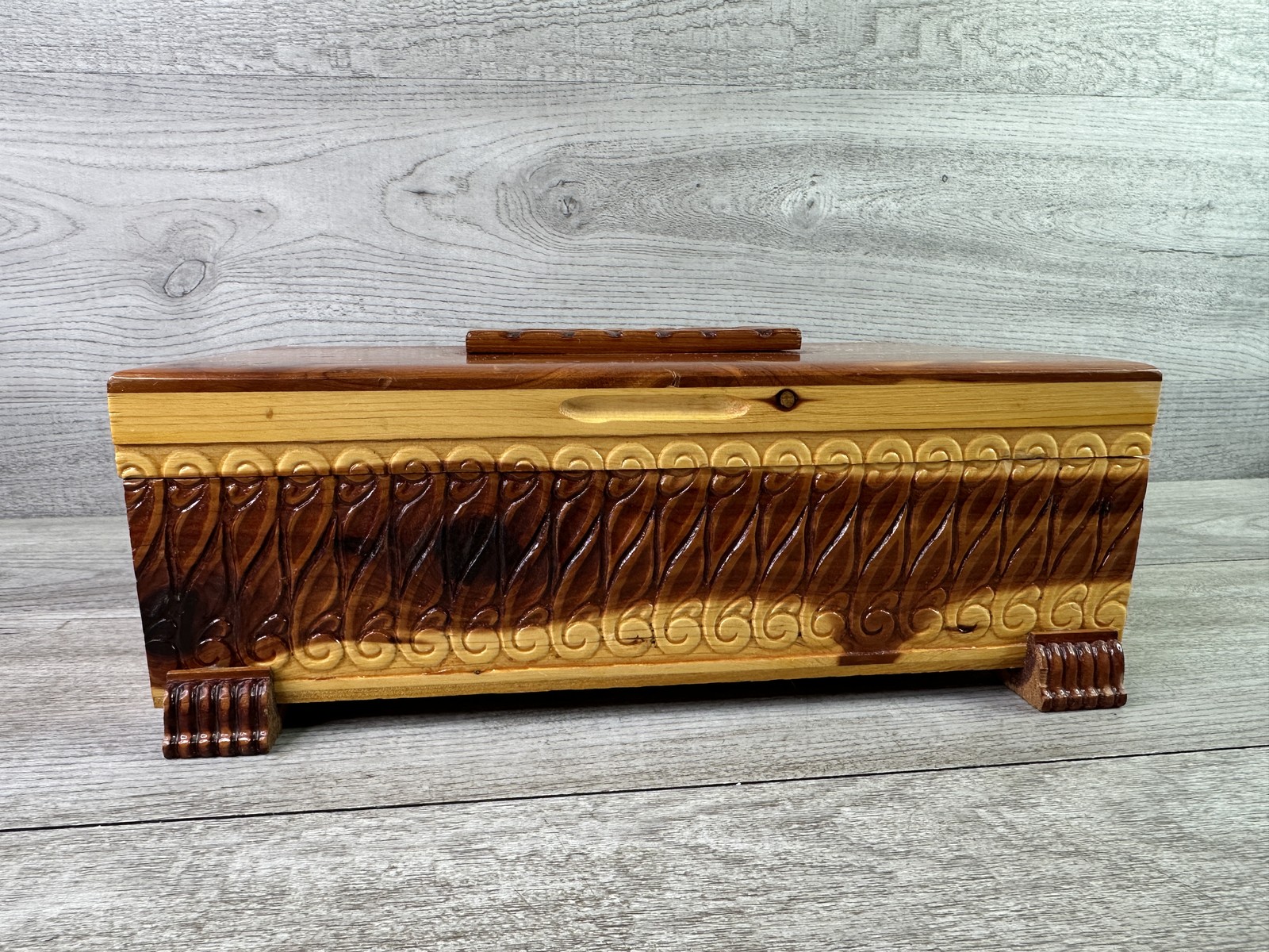 Vintage Cedar Chest Jewelry Trinket Box with Mirror Carved Wood Keepsake Storage