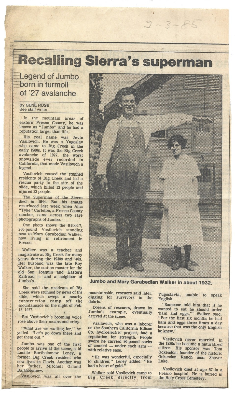 Vintage Old Newspaper Clipping Photo of Human Giant Yugoslav from Fresno County