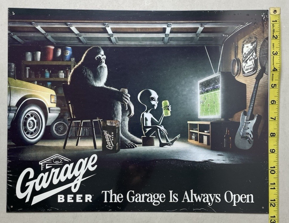 Garage Beer Bigfoot Tin Bar Sign Bigfoot The Garage is Always Open 16 X 12.5