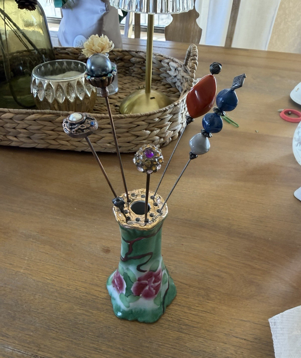 Vintage Nippon Japan Floral Porcelain Hatpin Holder Vase w/ Assorted  Hatpins