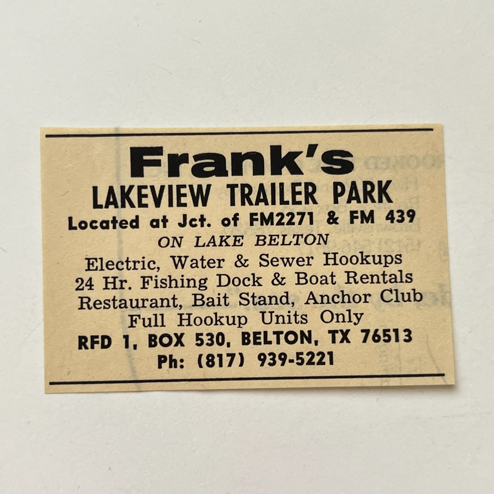 Frank's Lakeview Trailer Park Belton TX 1974 Ad TAK7-S19