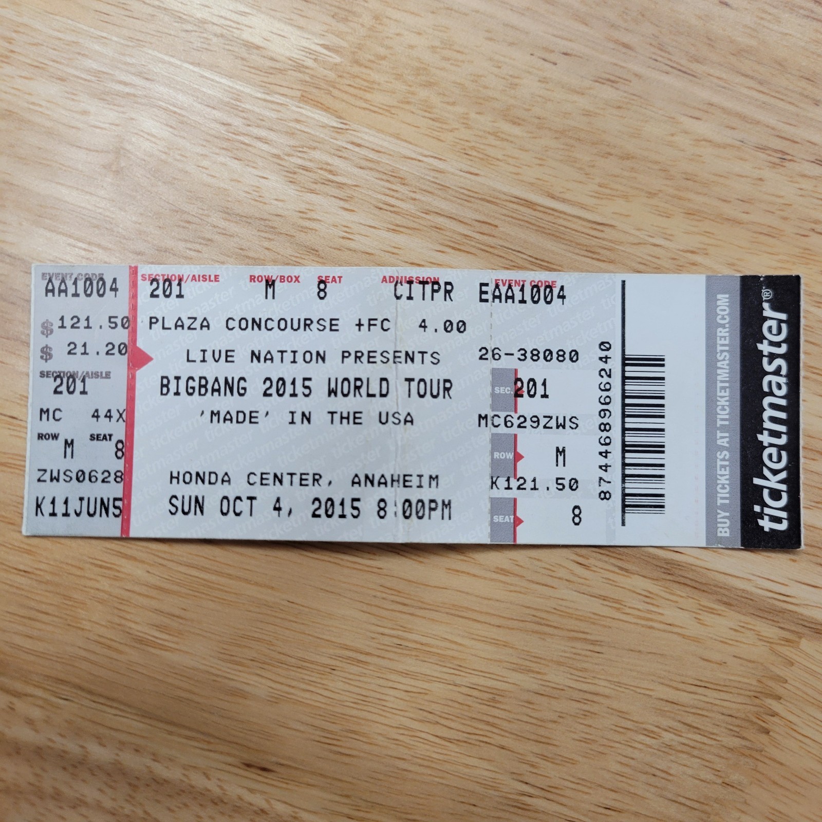 Bigbang 2015 Made World Tour Anaheim Ticket Stub Ticketmaster Vintage K-Pop