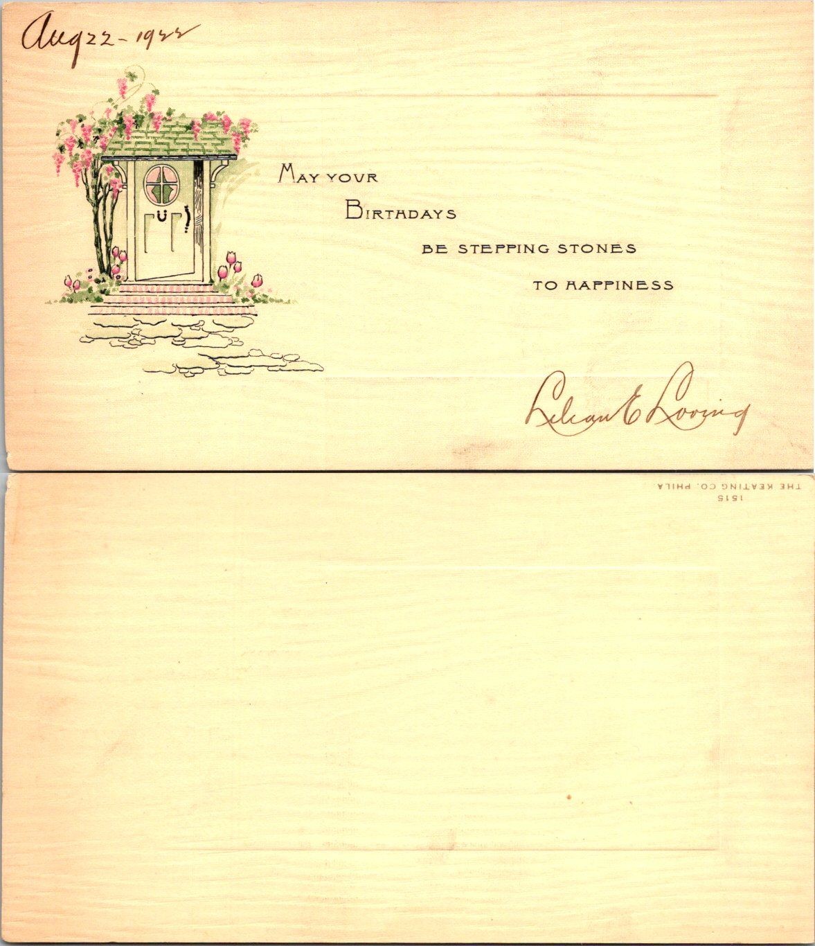 Vintage 1945 Birthday Greeting Card Folded The Keating Co Handwriten Note Signed