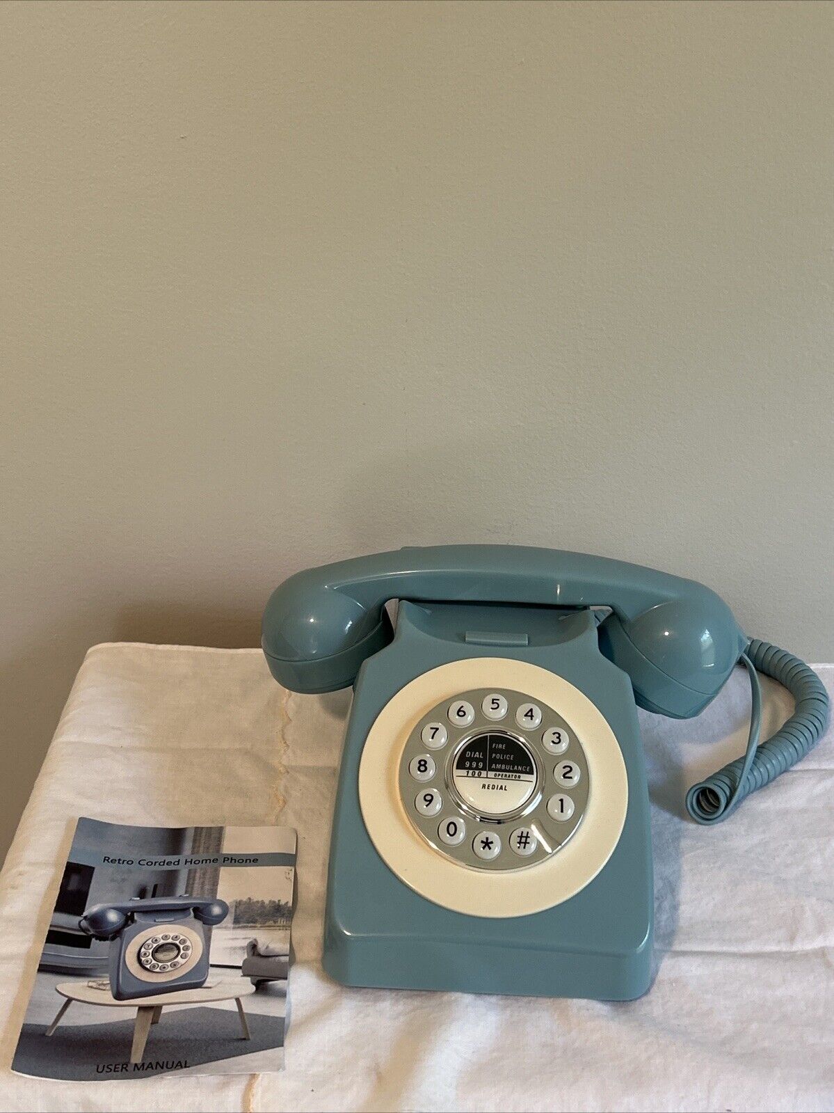 Retro MCM 1960's Style Aqua Corded Home Telephone With Rotary Style Look - NEW