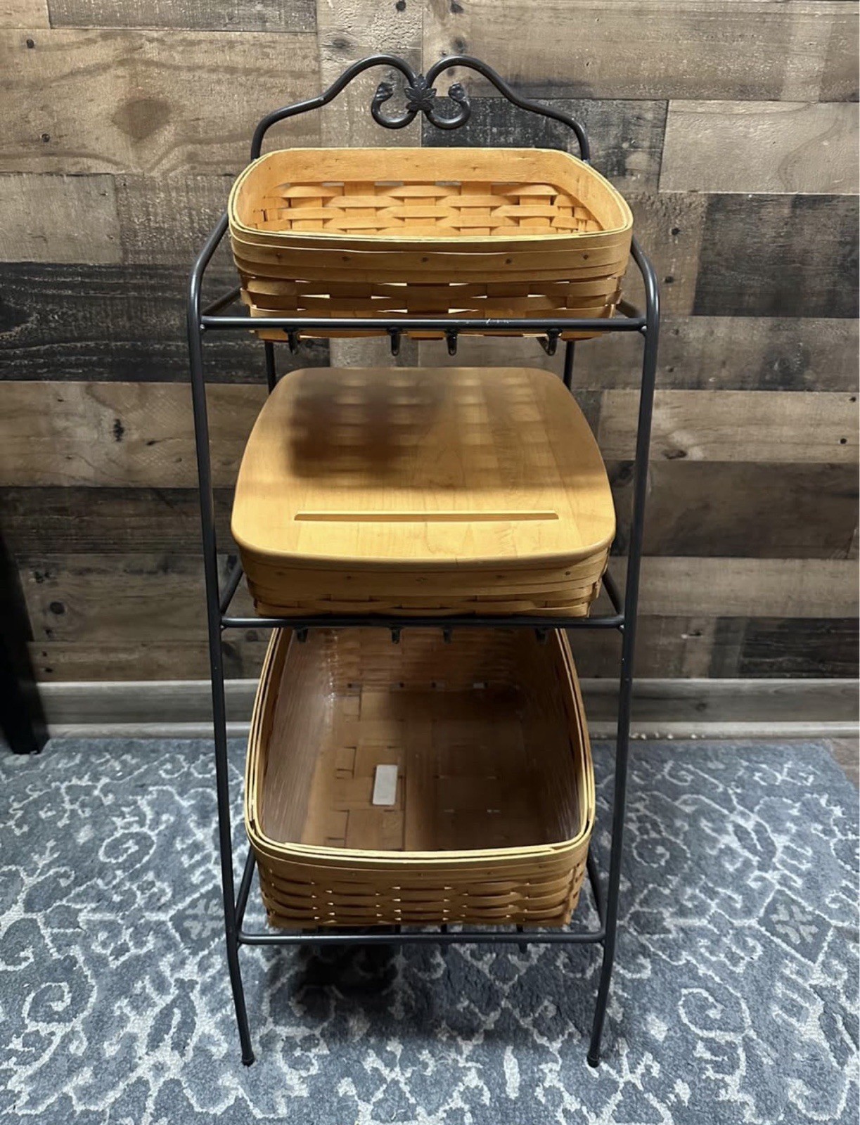 Longaberger 3-Tier Wrought Iron Basket Stand w/ 3 Baskets & Woodcraft Lid