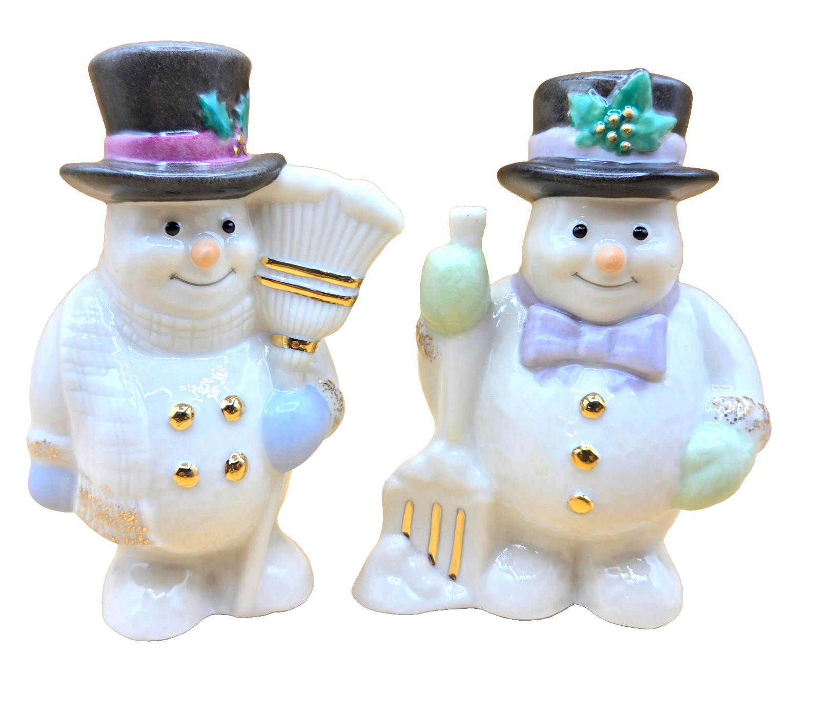 VTG Lenox Snowman Salt & Pepper Shakers Set w/Broom & Shovel Christmas Holidays