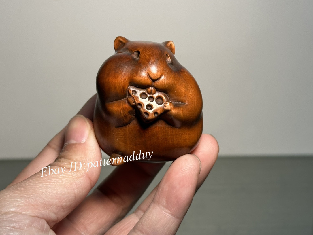 Old Antique Wood Carving Zodiac Mouse Ornament Cheese Hamster Statue