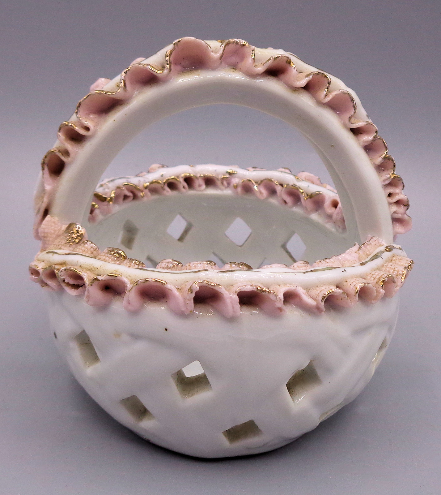 Vintage Porcelain Basket Bowl Trinket Dish Miniature White Pink Lace Tray
