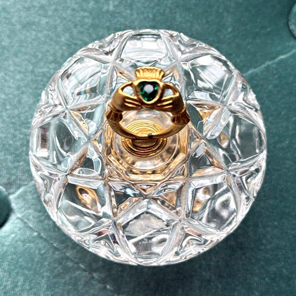 Vintage Killarney Crystal Ireland Lidded Trinket Box w/22K gold-plated Claddagh