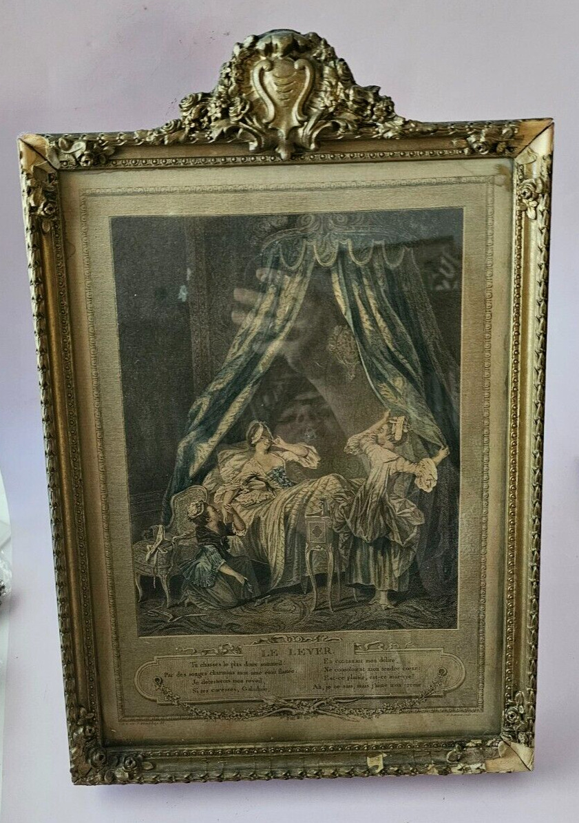 Beautiful Antique Framed Lithograph French Woman in Her Boudoir Glass