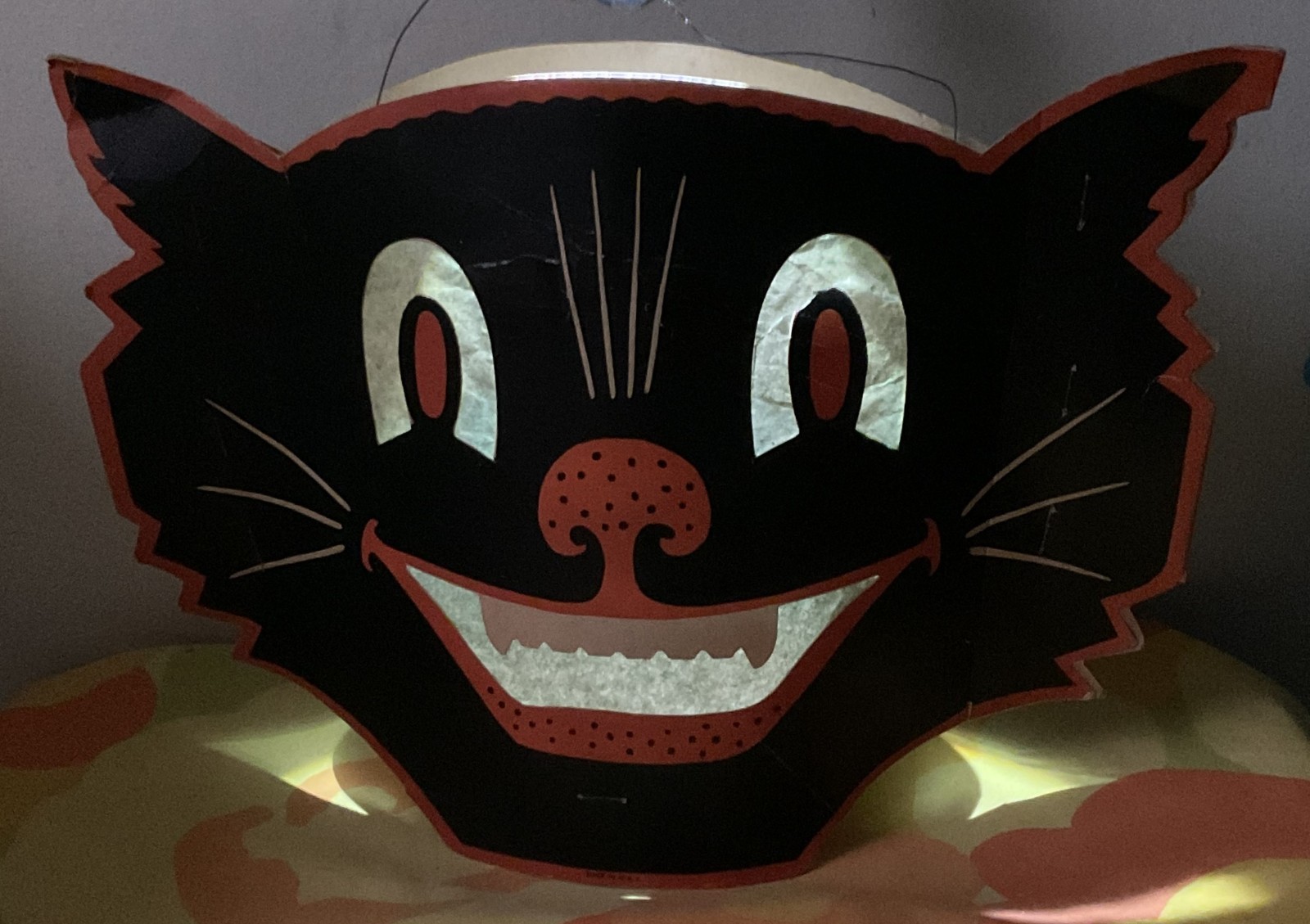 1940s Halloween Beistle Smiling Cat Double-Sided Candle Lantern w/Wire Hanger
