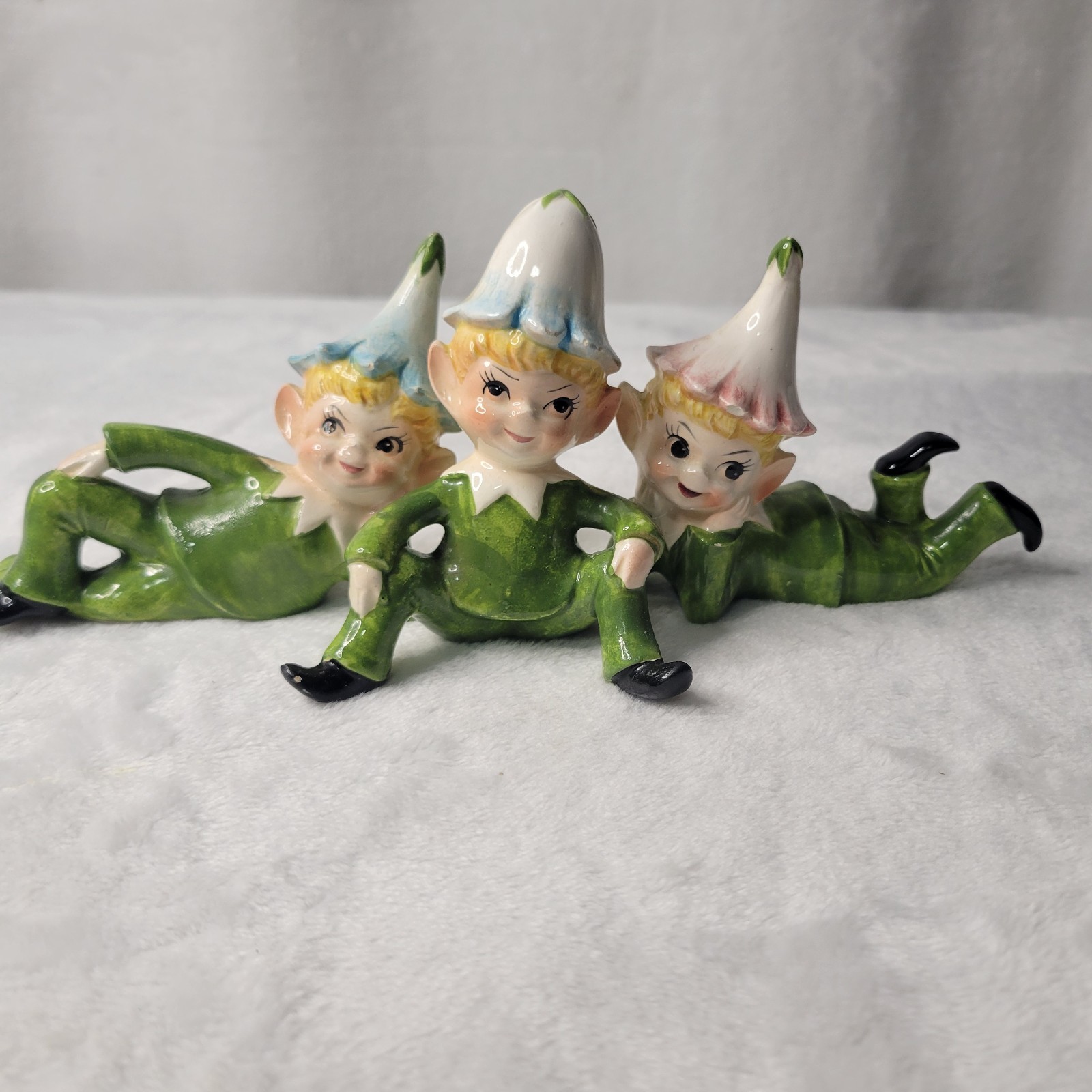 3 Vintage Ceramic Elves Elf Pixies MCM Christmas Figurine Japan Green