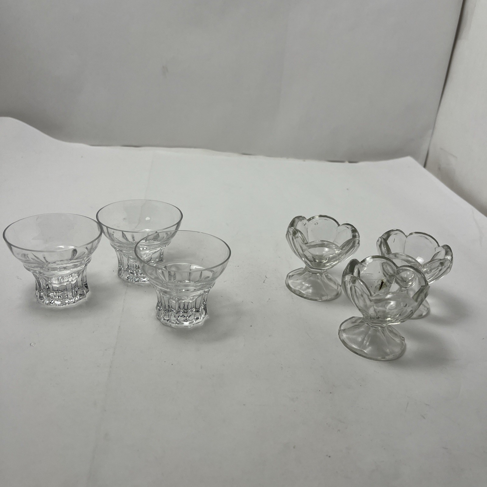 6 Vintage Crystal CORDIALS / Shot Glass Open Salt Cellar Pedestal Base Etched