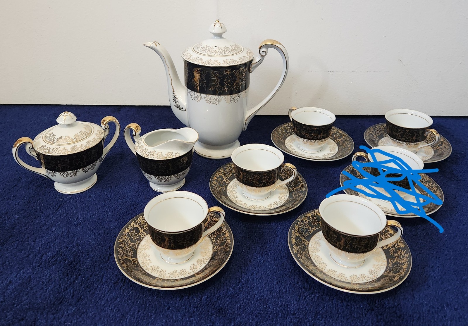 Vintage Swan China Japan Tea Coffee Service 5 Black Gold Filigree Gilt Pristine Vintage Swan China Japan Tea Coffee Service 5 Black Gold Filigree Gilt Pristine
