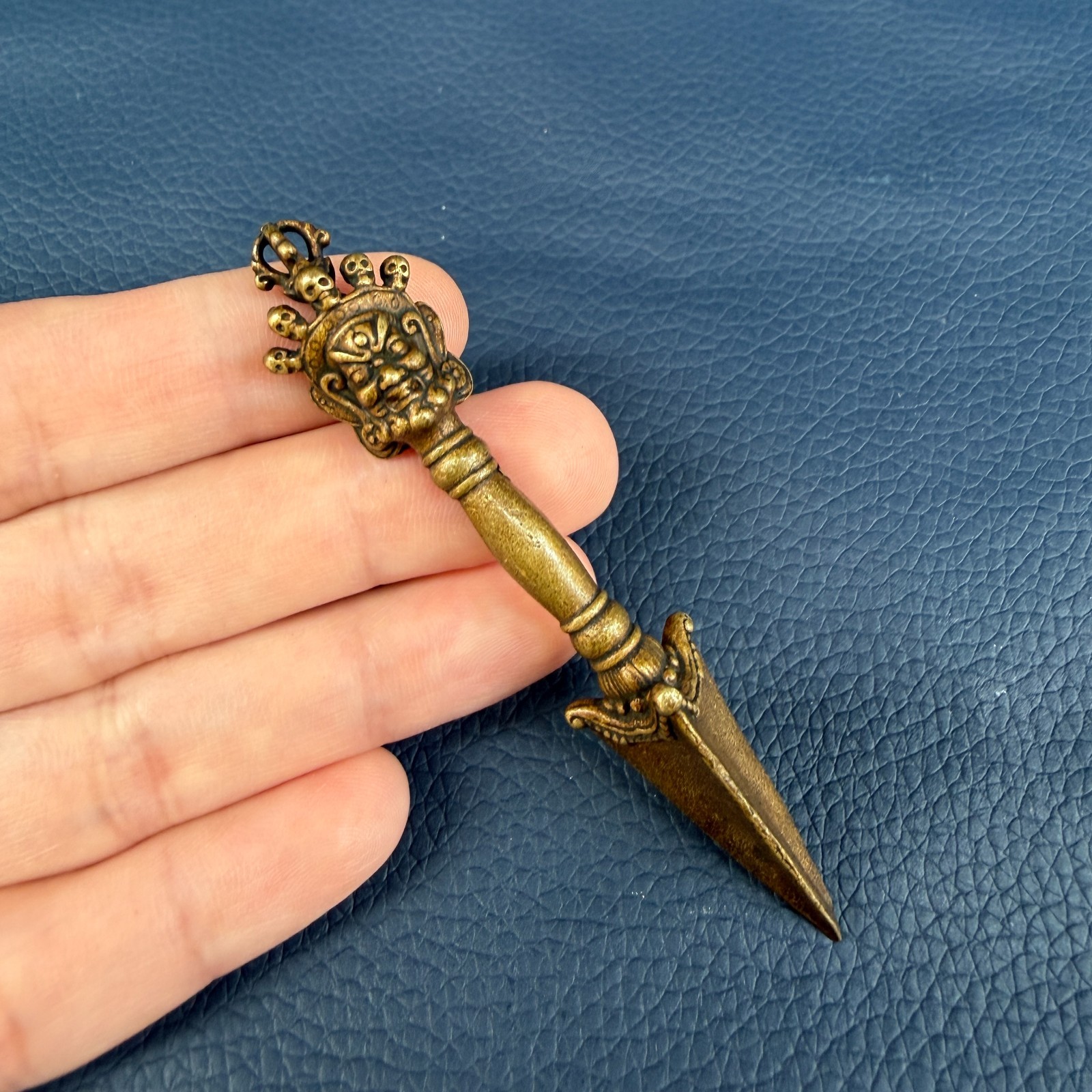 Vintage Himalayan Brass Phurba Amulet - 3-Eyed Deity & Skull Crown Talisman