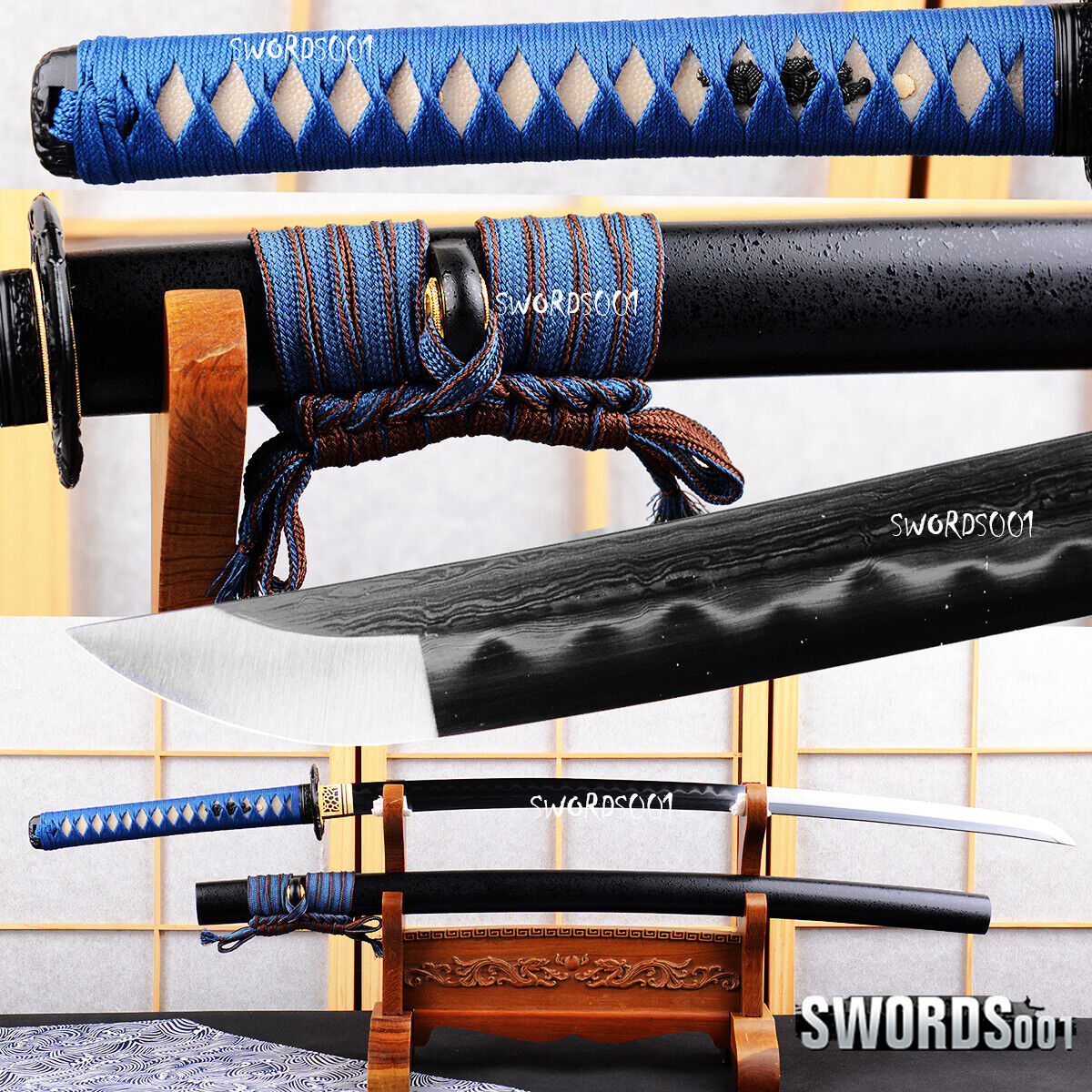 elegant blue clay tempered japanese samurai katana sword damascus folded steel 