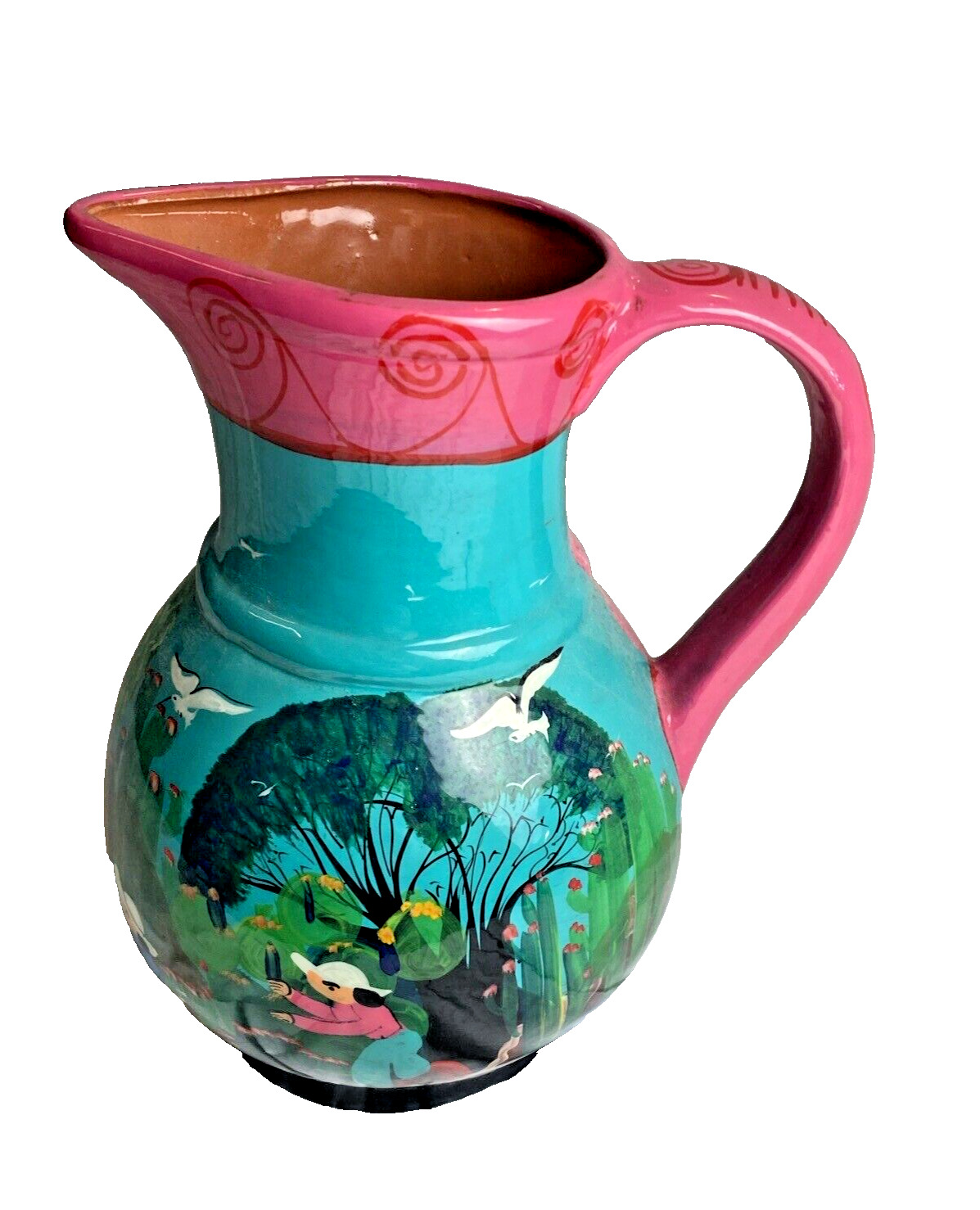 LARGE HAND PAINTED MEXICAN TERRA COTTA PITCHER