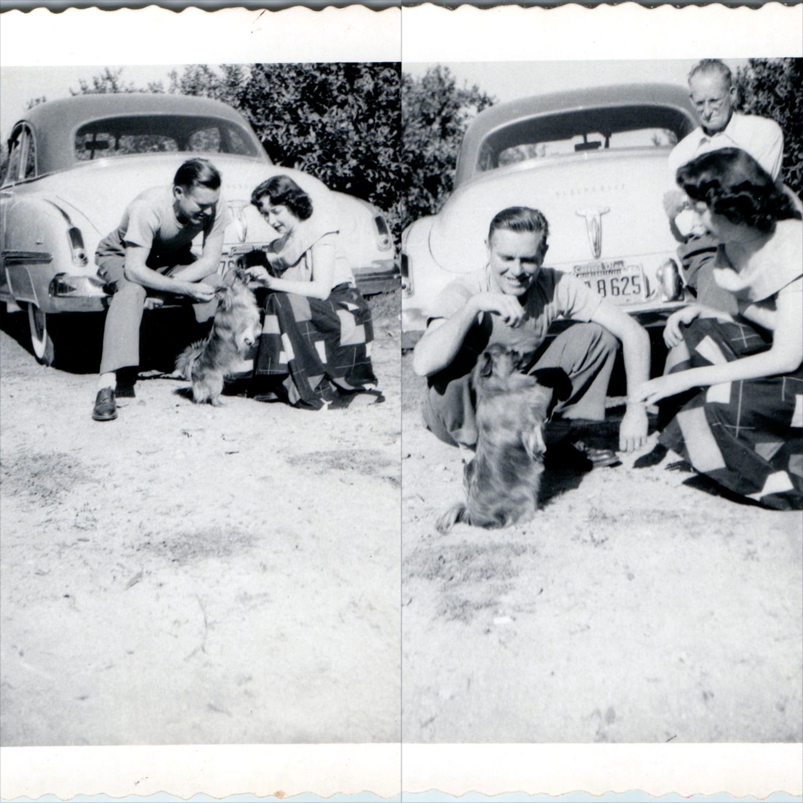 x2 LOT c1950s Oldsmobile Rocket 88 Car Couple Dog Snapshots Pekingese Auto Vtg