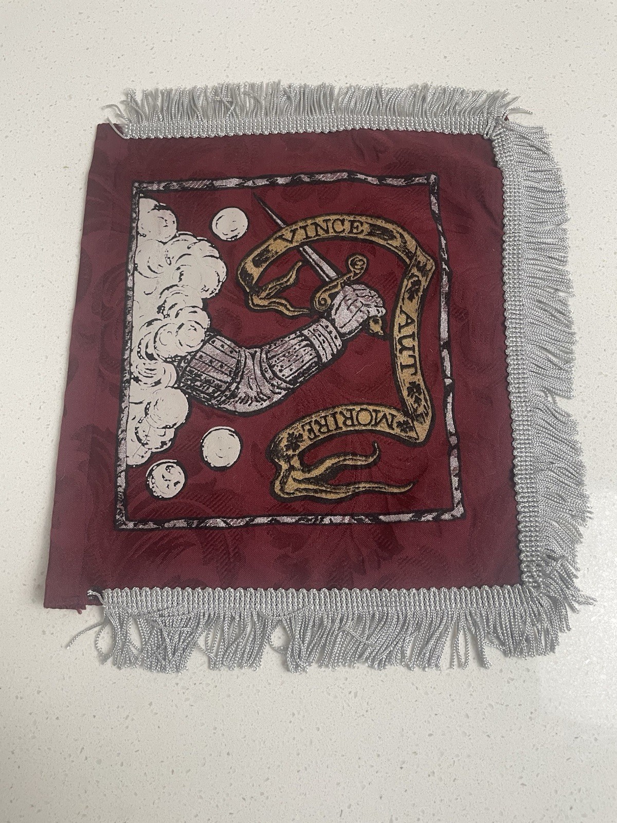 Medieval Heraldic Banner Vince Aut Morire Burgundy Silver Fringe Wall Decor