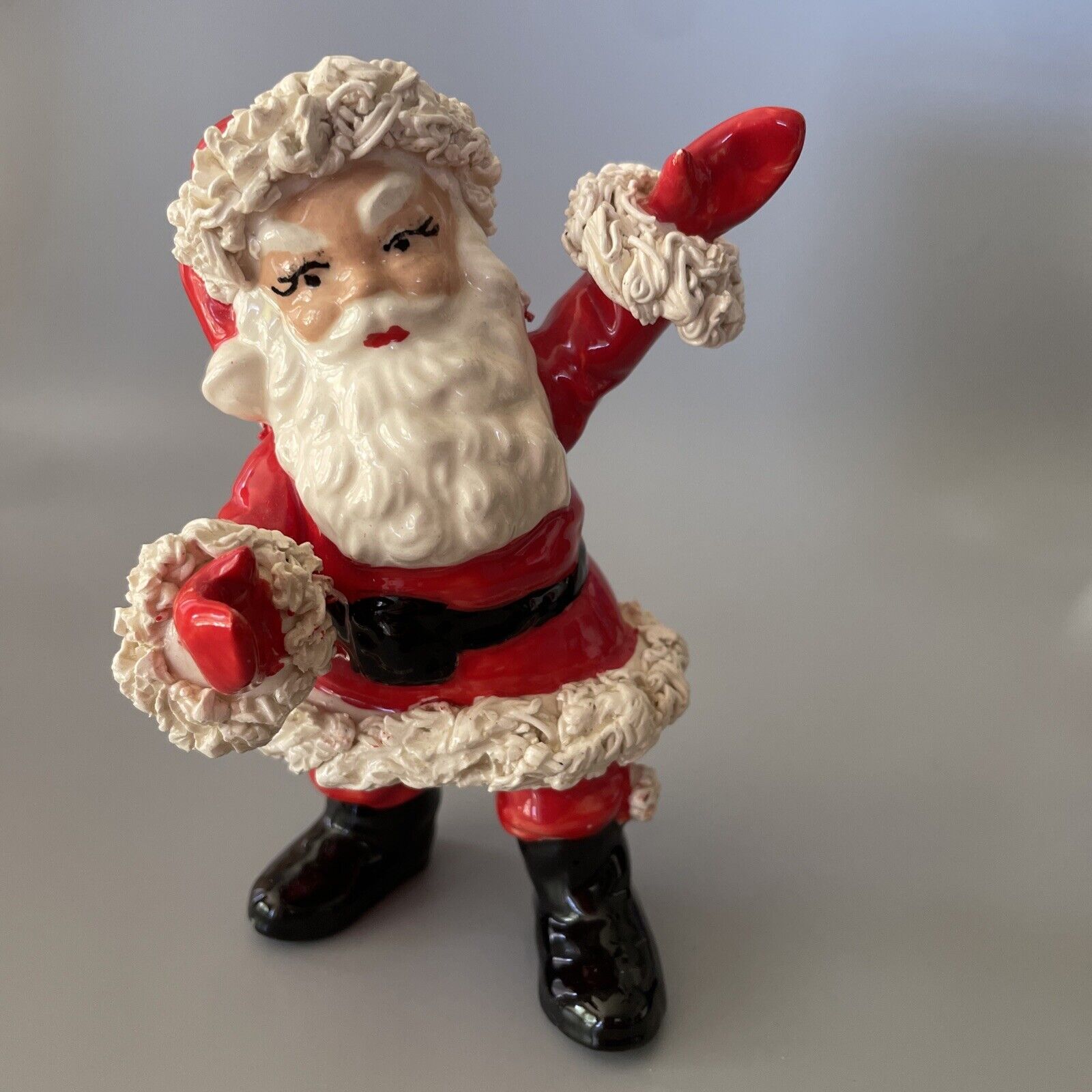 Vintage Spaghetti Trim Santa Waving Figure Christmas Ceramic 4.75” Holiday Decor