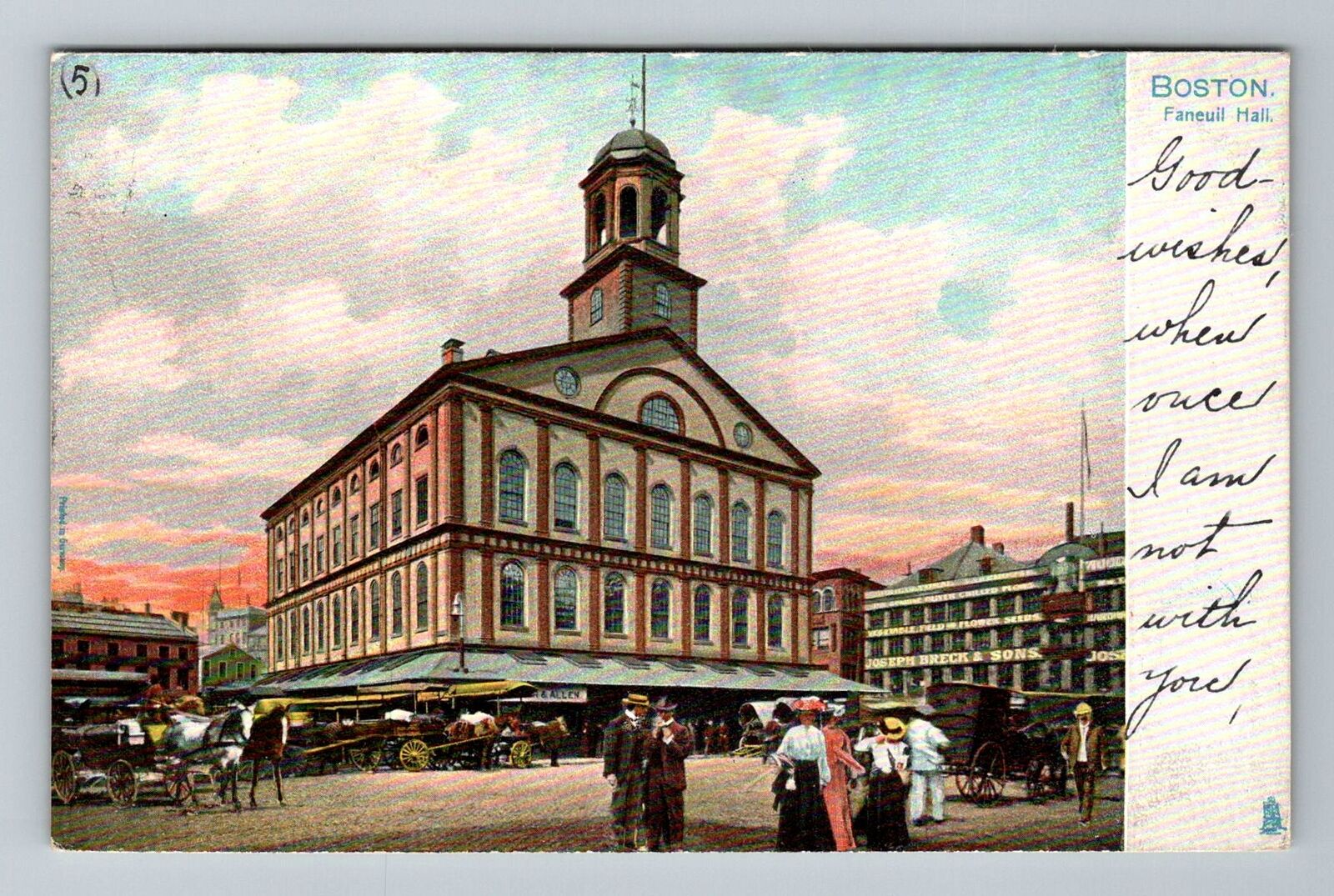 Boston MA-Massachusetts Faneuil Hall Horses Wagons Vintage c1905 Postcard