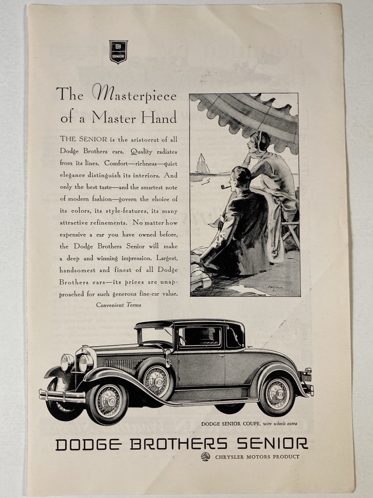 1929 Dodge Brothers Senior Coupe Print Ad Masterpiece Master Hand
