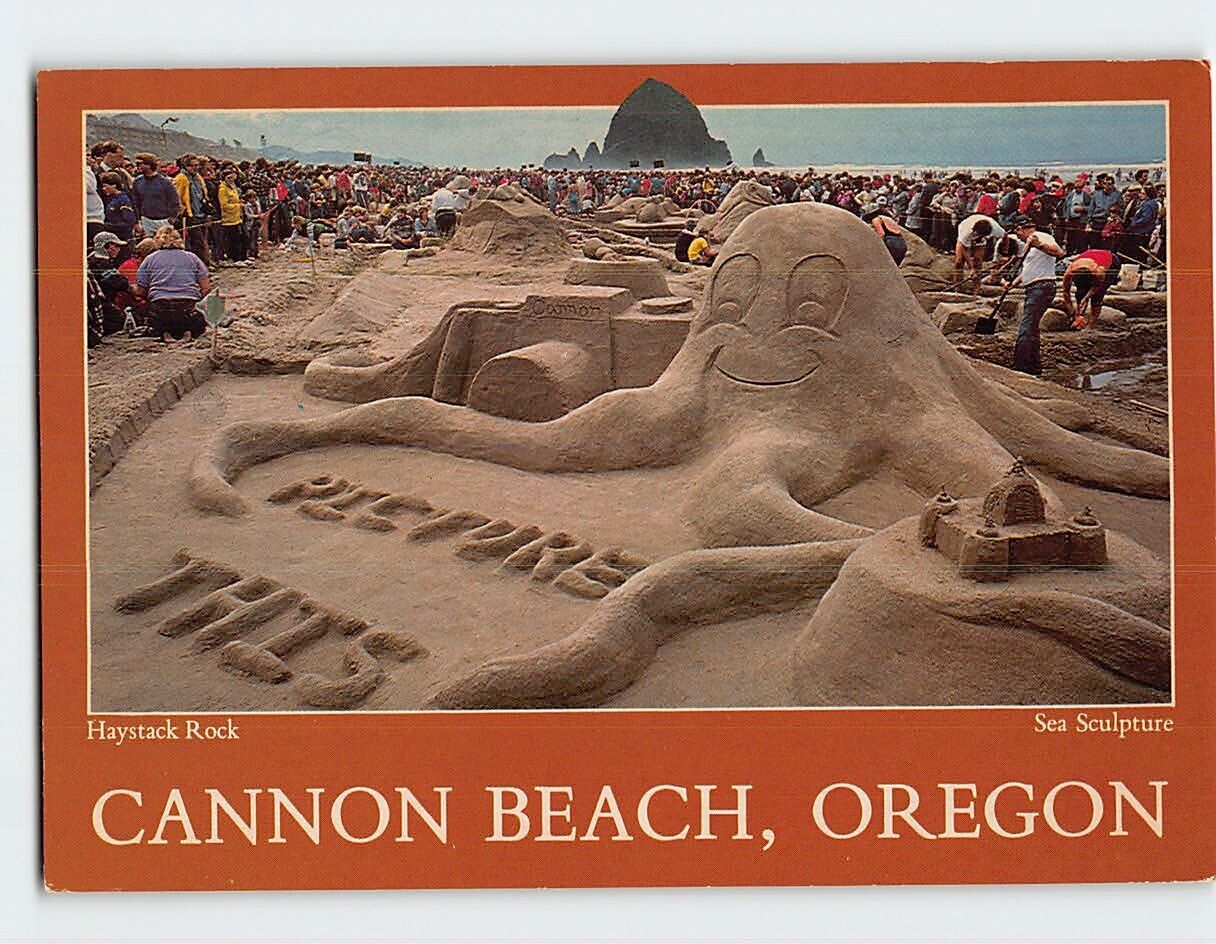 Postcard Haystack Rock Sea Sculpture Cannon Beach Oregon USA