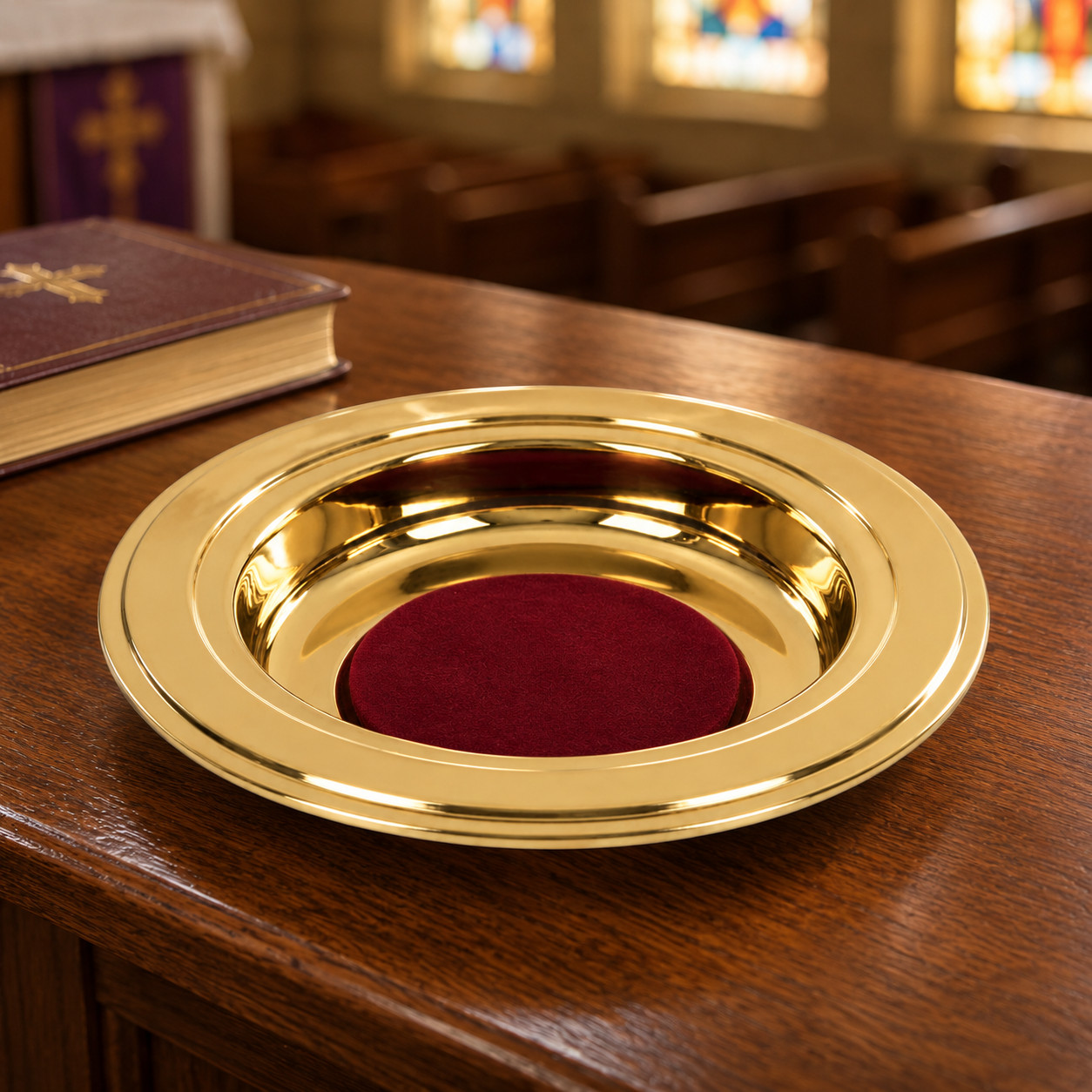 Brass Tone Stainless Steel Church Offering Plate With Felt Pad 12 Inches