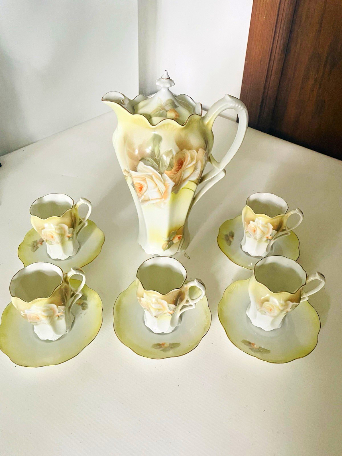 Beautiful Antique RS Germany Rose  Porcelain Chocolate Set Pot 11 Piece Set 