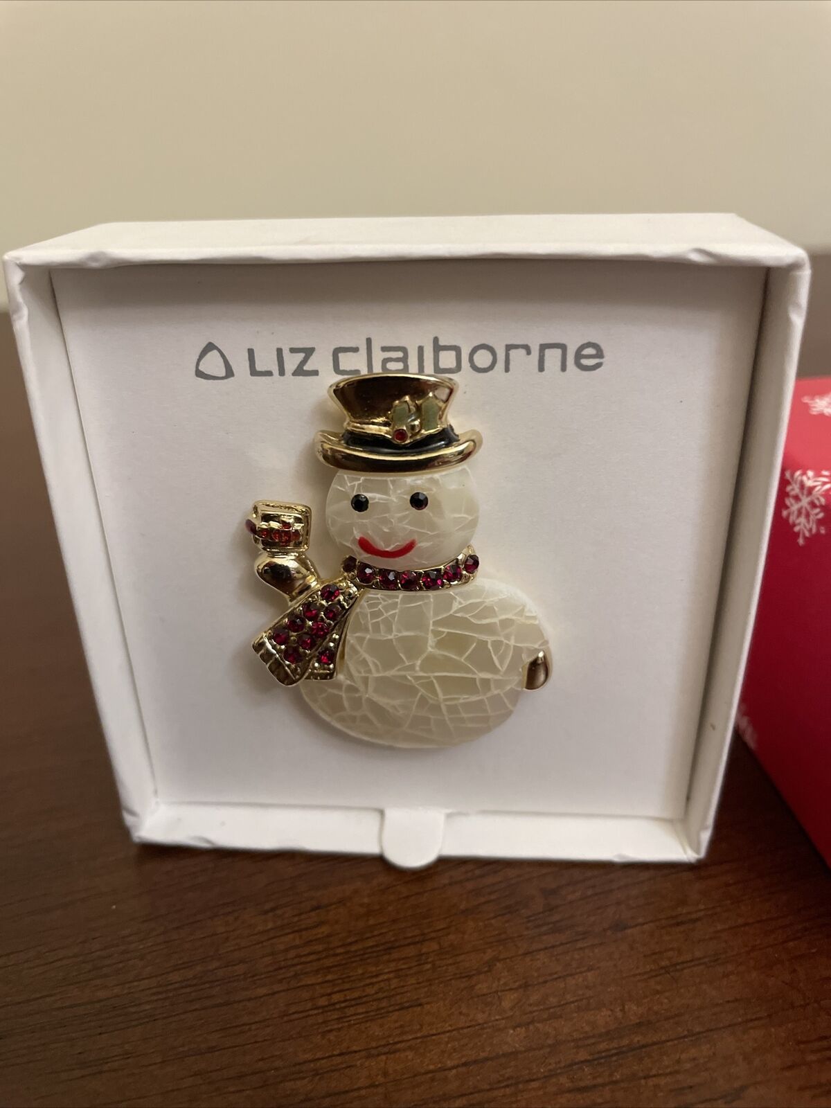 Liz Claiborne Goldtone Snowman Brooch Pin With Red Glass Stones Signed