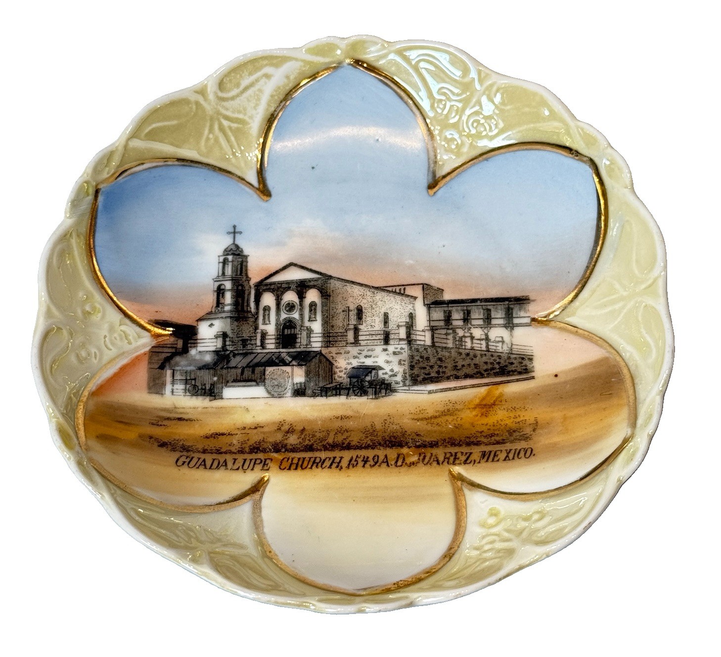 JUAREZ MEXICO ANTIQUE Souvenir GUADALUPE CHURCH Wheelock Painted DISH PLATE
