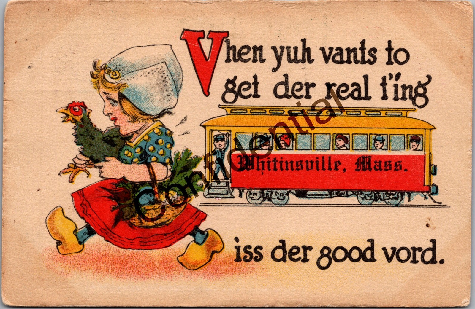 Dutch Girl Carrying Rooster w/ Trolley Whitinsville MA Massachusetts Y413