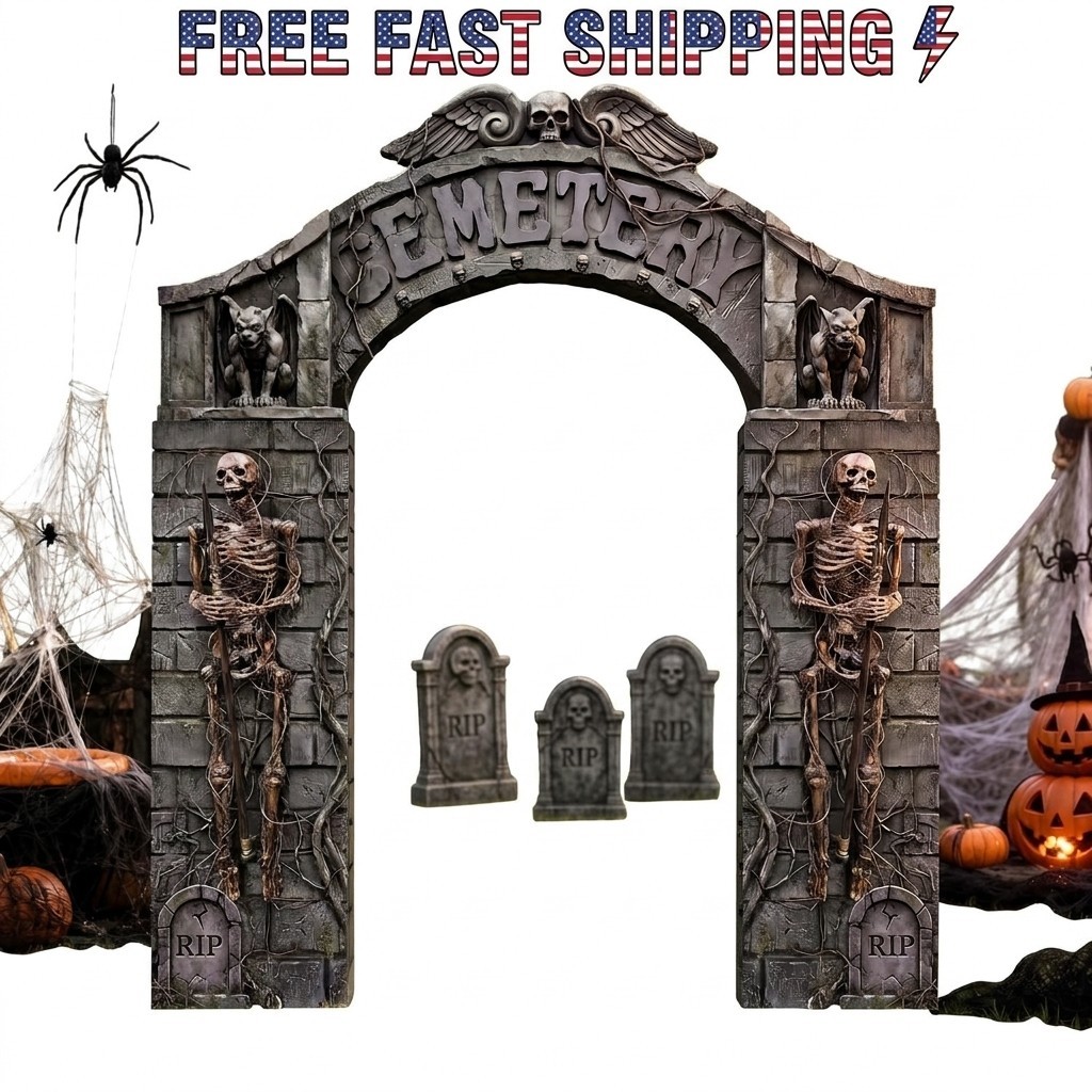 Halloween Cemetery Archway Tombstones Skeleton Set Graveyard Skull Decor