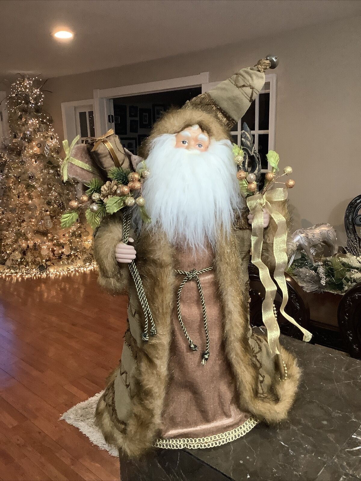 Victorian Christmas Santa Tree Topper Tabletop Figurine 19” Robe Bronze Fur Trim