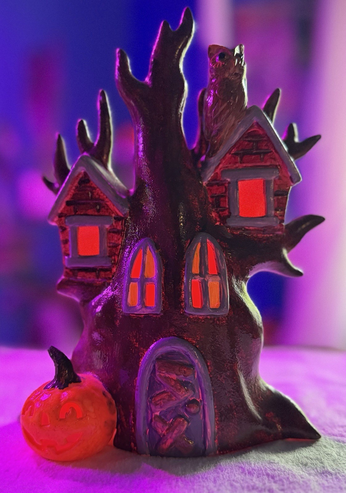 RETRO-HALLOWEEN Handpainted Ceramic Multi-Color Light up Spooky Tree w/ Owl