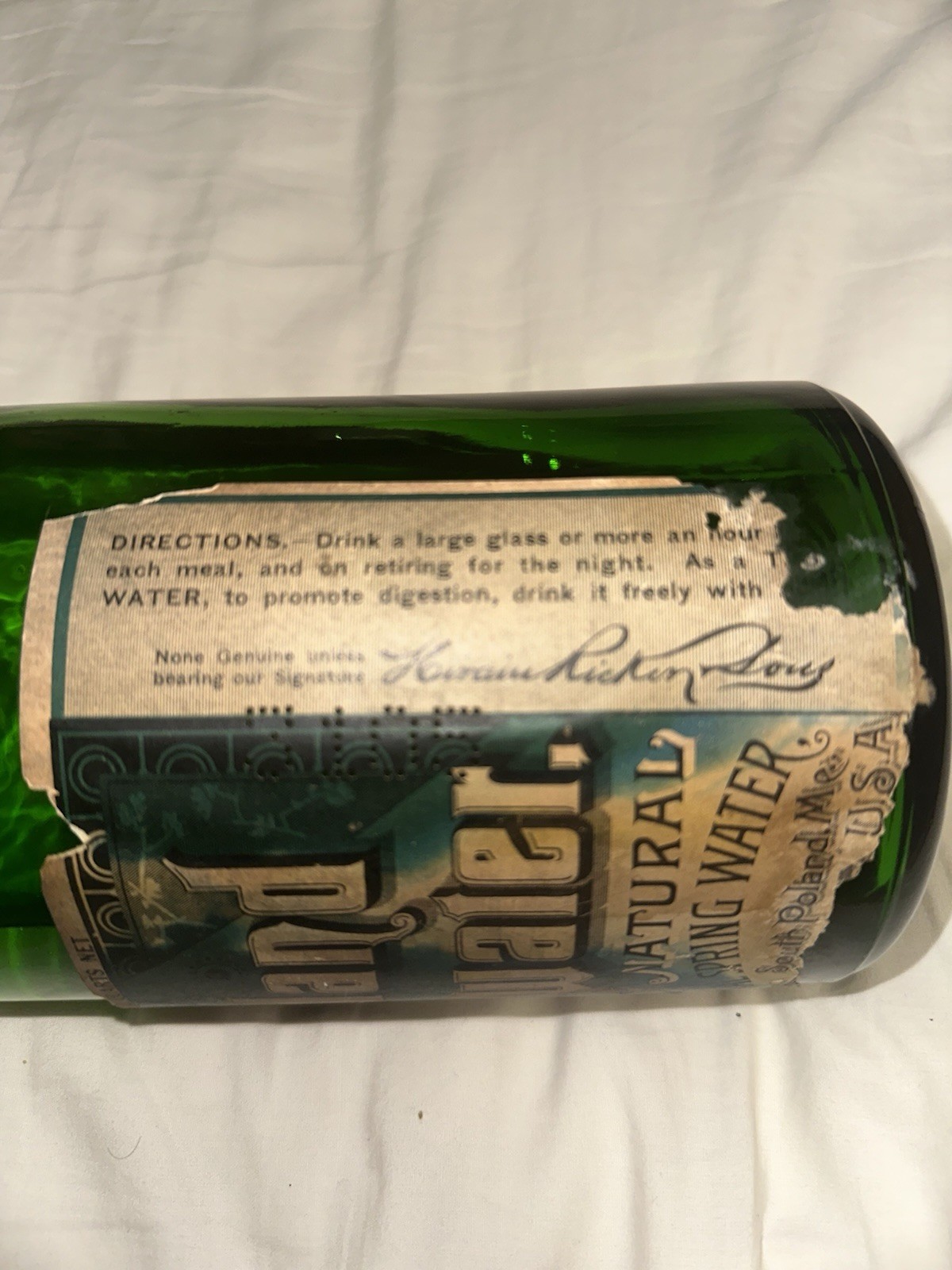 Vintage Poland Spring 1920s Green Glass Bottle Antique Embossed Label