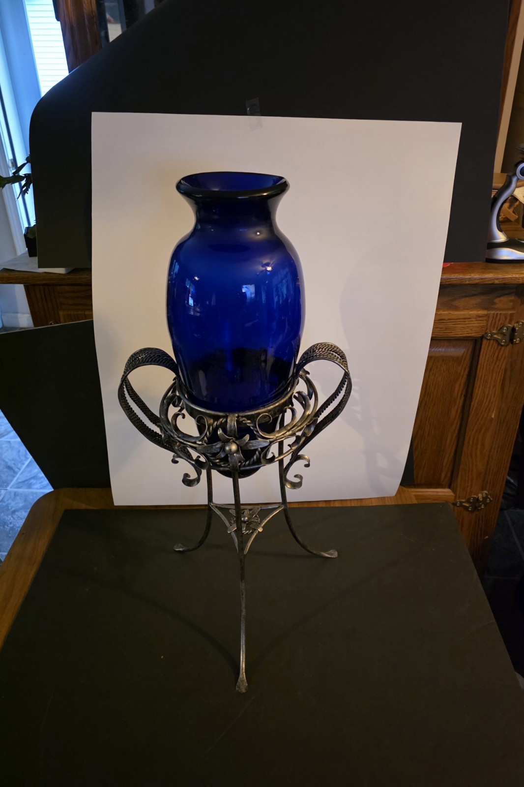Large Vintage Colbalt Blue Vase With Ornate Metal Stand