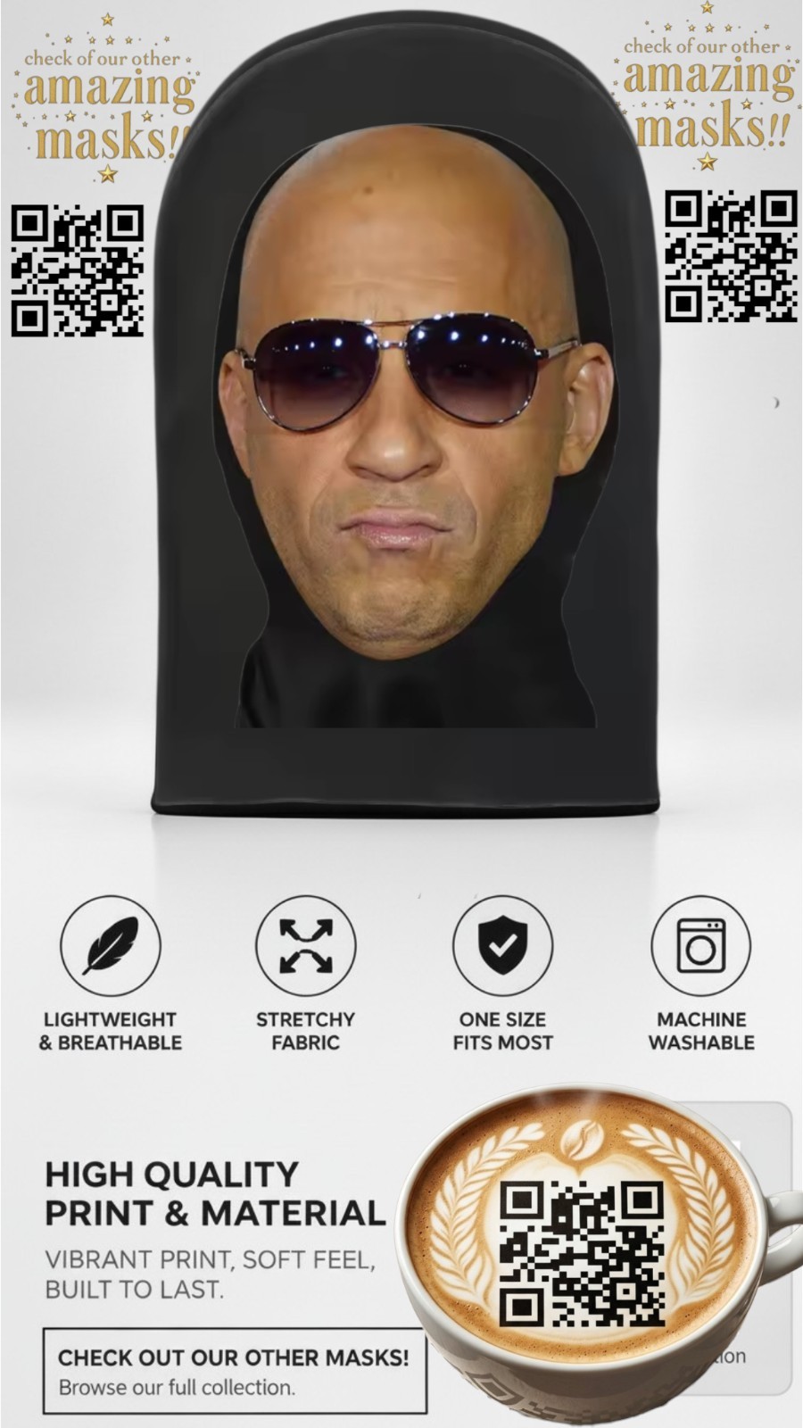 ⭐️ Vin Diesel Face Mesh Mask Halloween Costume Fast Furious Dom Toretto Family