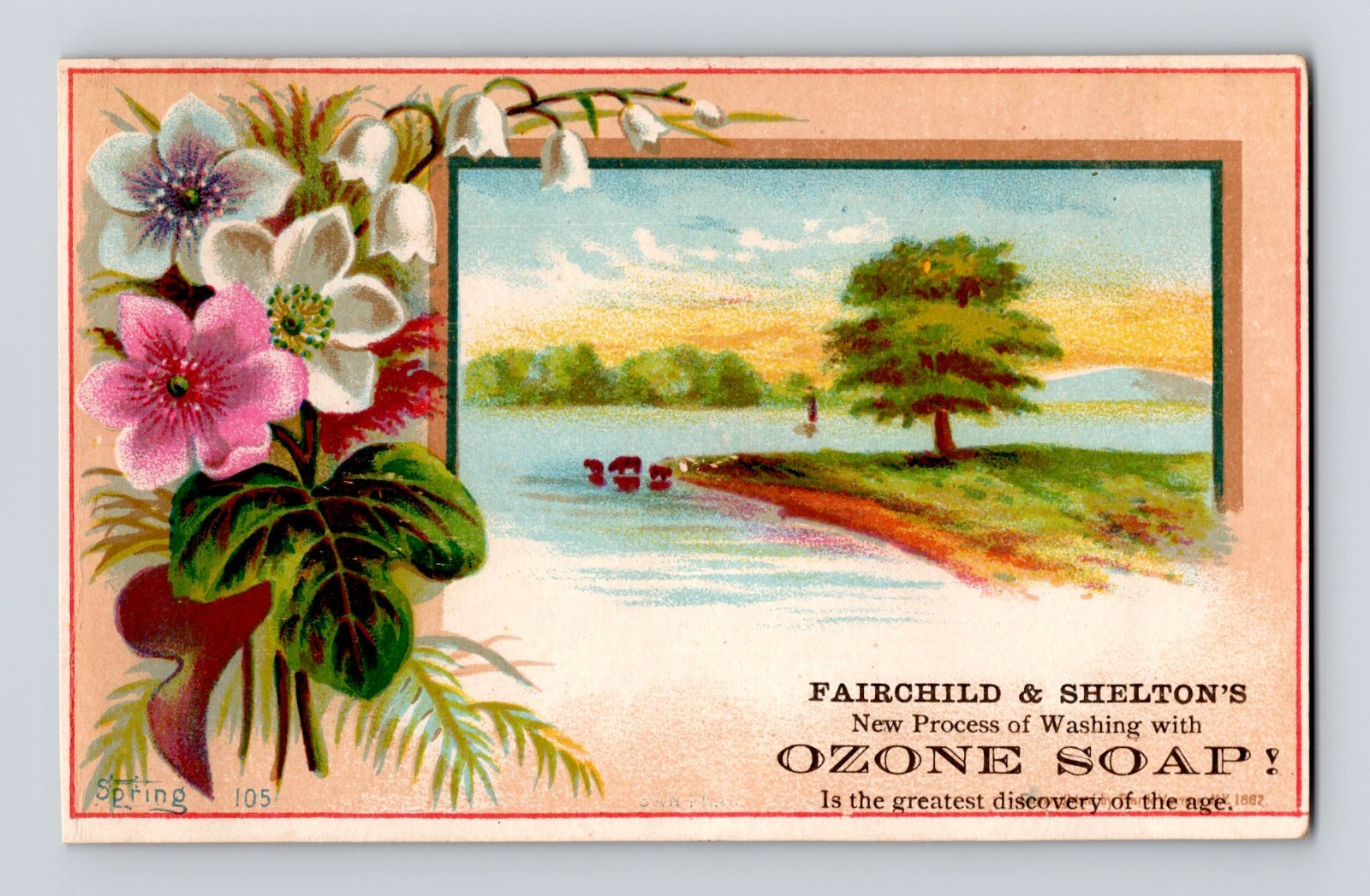 Victorian Trade Card Ozone Soap Spring #105 1882 Lilly of Valley Lake Scene