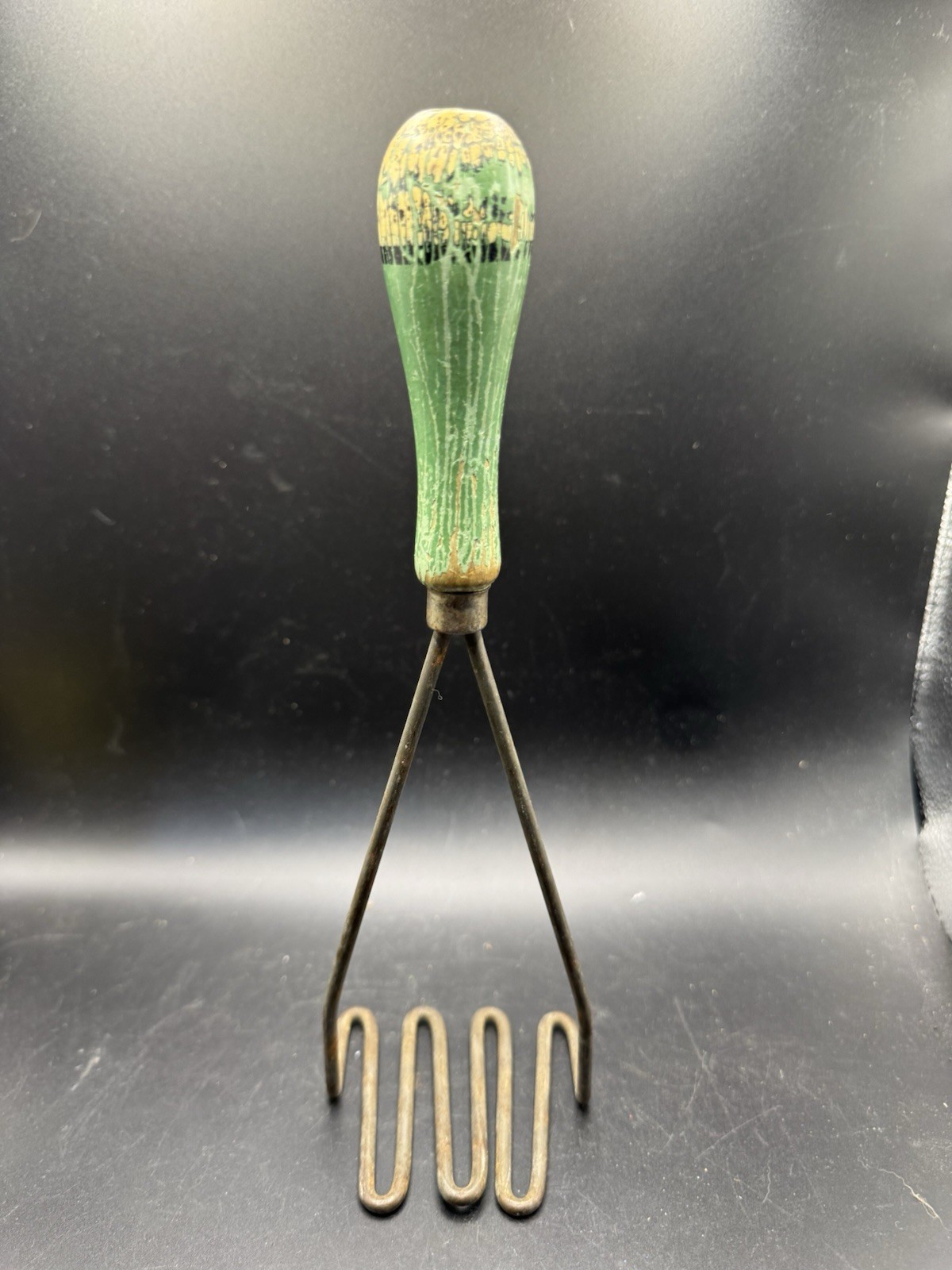 Vintage Antique Potato Masher Green Distressed Wooden Handle Primitive